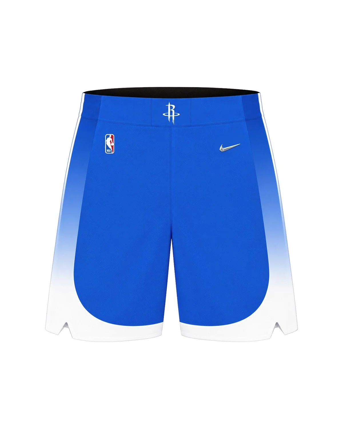Front of the royal-blue Launch Kit shorts: the Rockets “R” on the waistband, the NBA logo and a chrome swoosh, with side panels that fade to white at the hem.