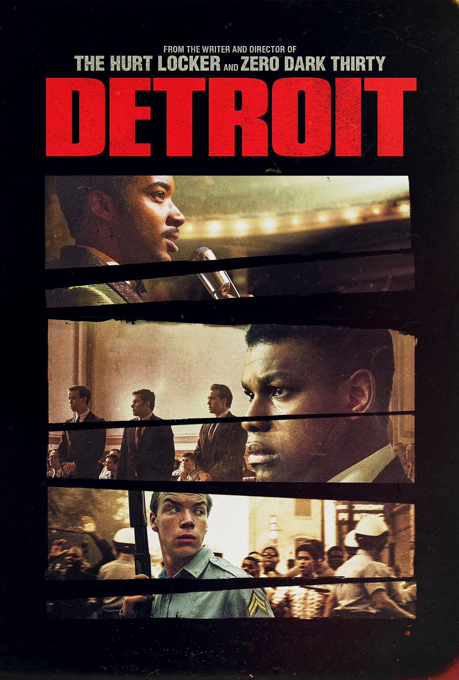 Detroit one-sheet: film stills cut into horizontal strips under a bold red title.