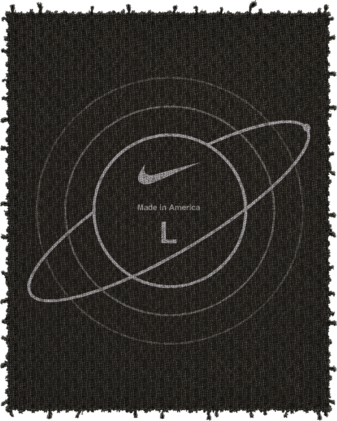 Heat-transferred neck tag on black fabric: a Nike swoosh and size L inside an orbiting planet ring.