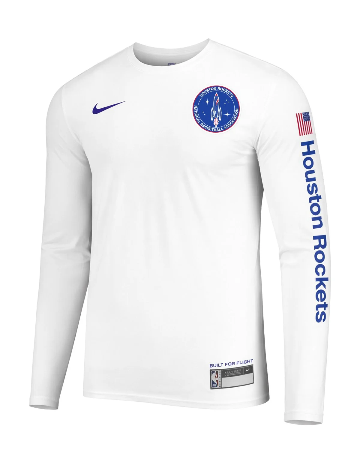 White long-sleeve shooting shirt with the mission-patch crest, a flag patch and “Houston Rockets” running down the sleeve in blue.