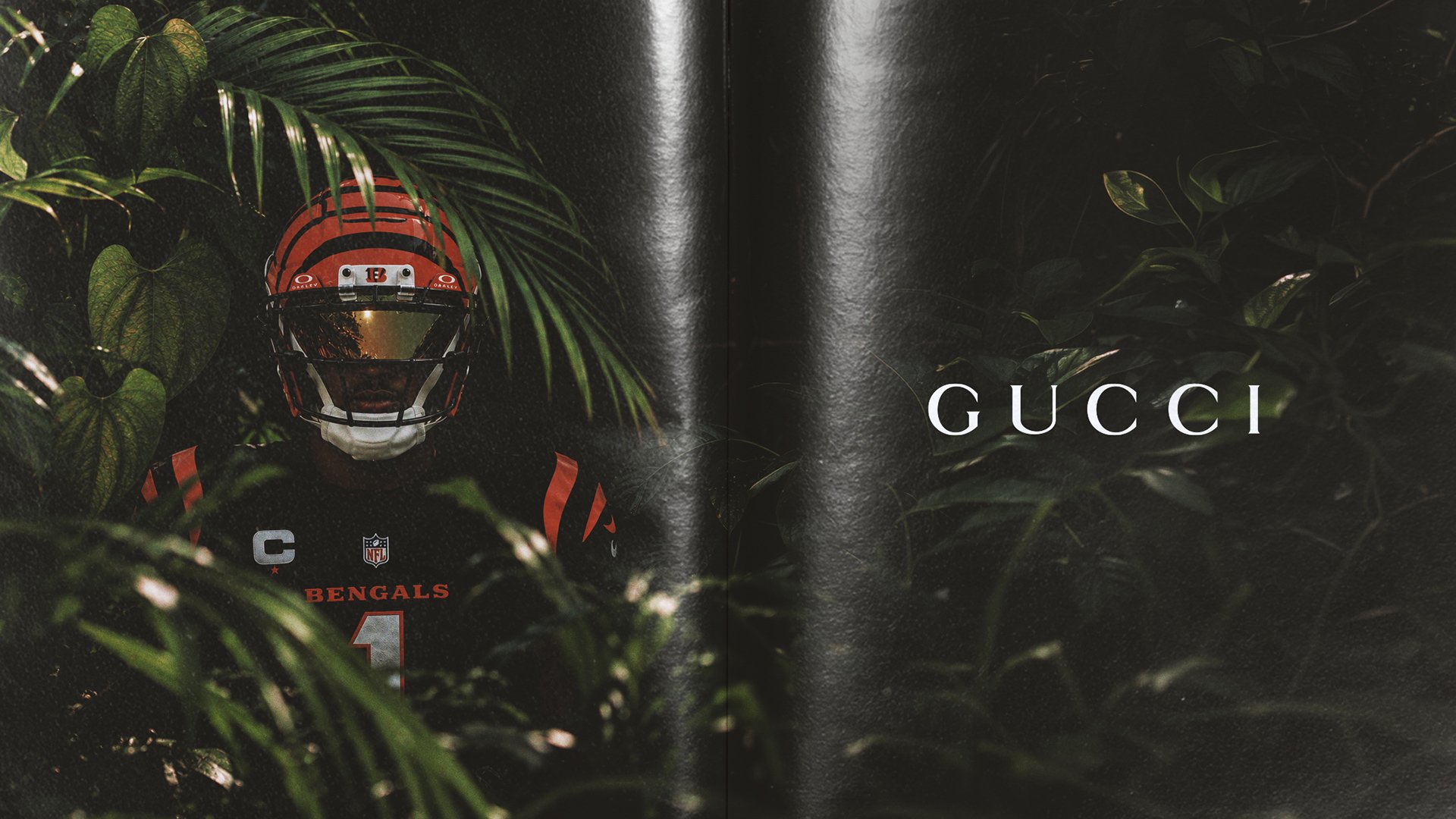 Gucci × Ja’Marr: Ja’Marr Chase among tropical leaves next to the Gucci wordmark.