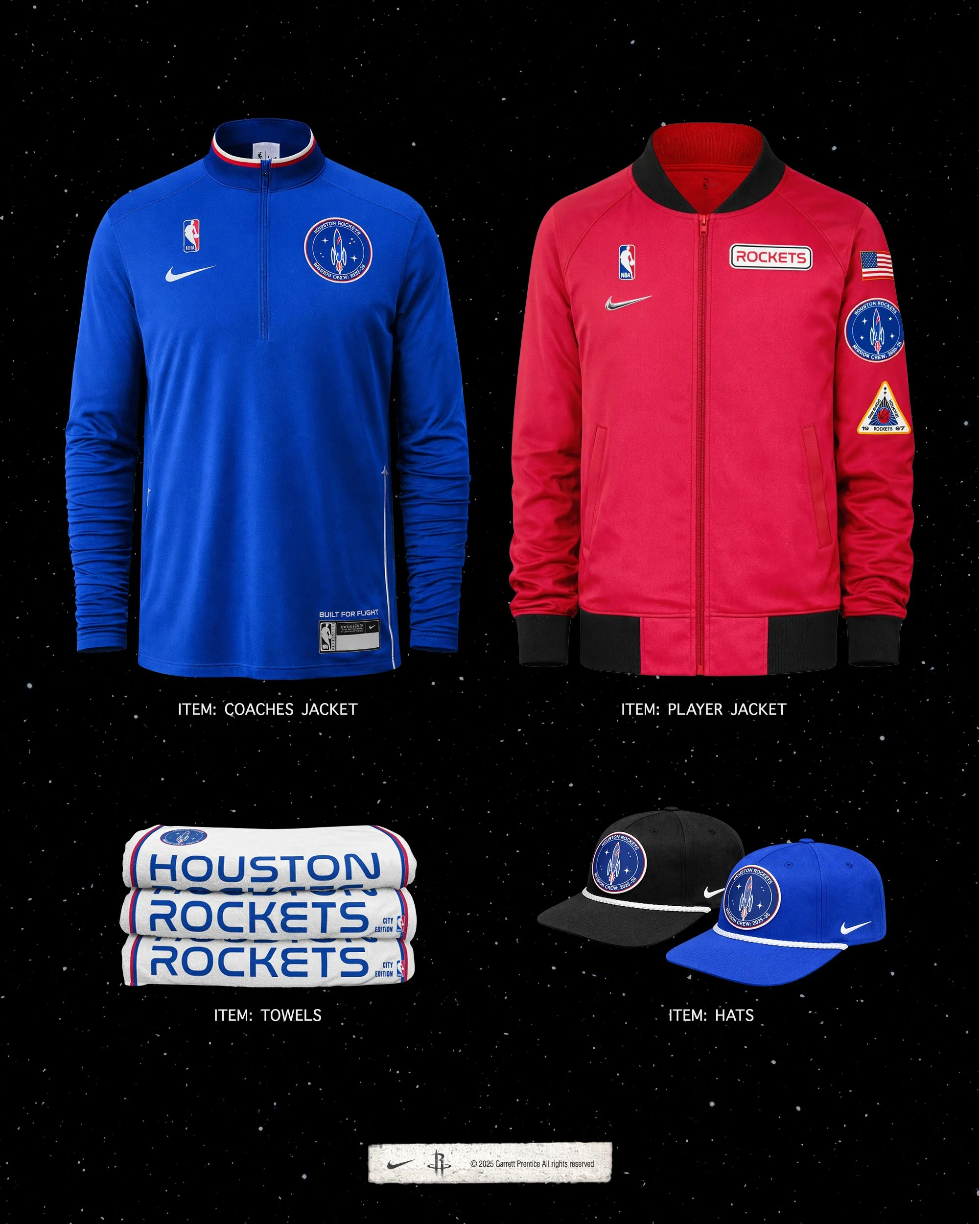 Launch Kit bench gear: a royal coaches quarter-zip, a red player bomber with mission patches, bench towels and rope hats.