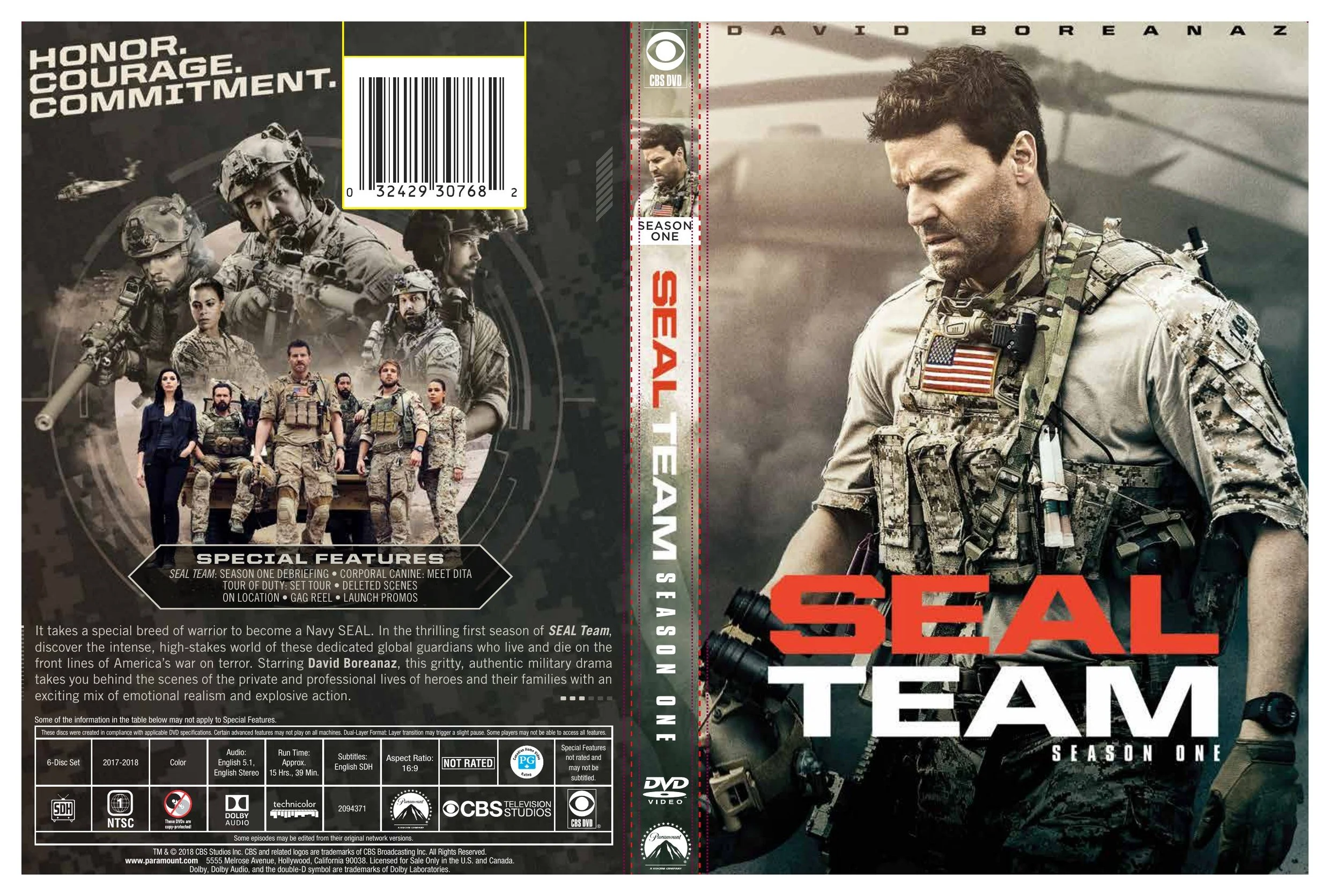 SEAL Team season one Amaray case exterior: the back cover with the cast and synopsis, the spine, and Boreanaz under the red-and-white title on the front.