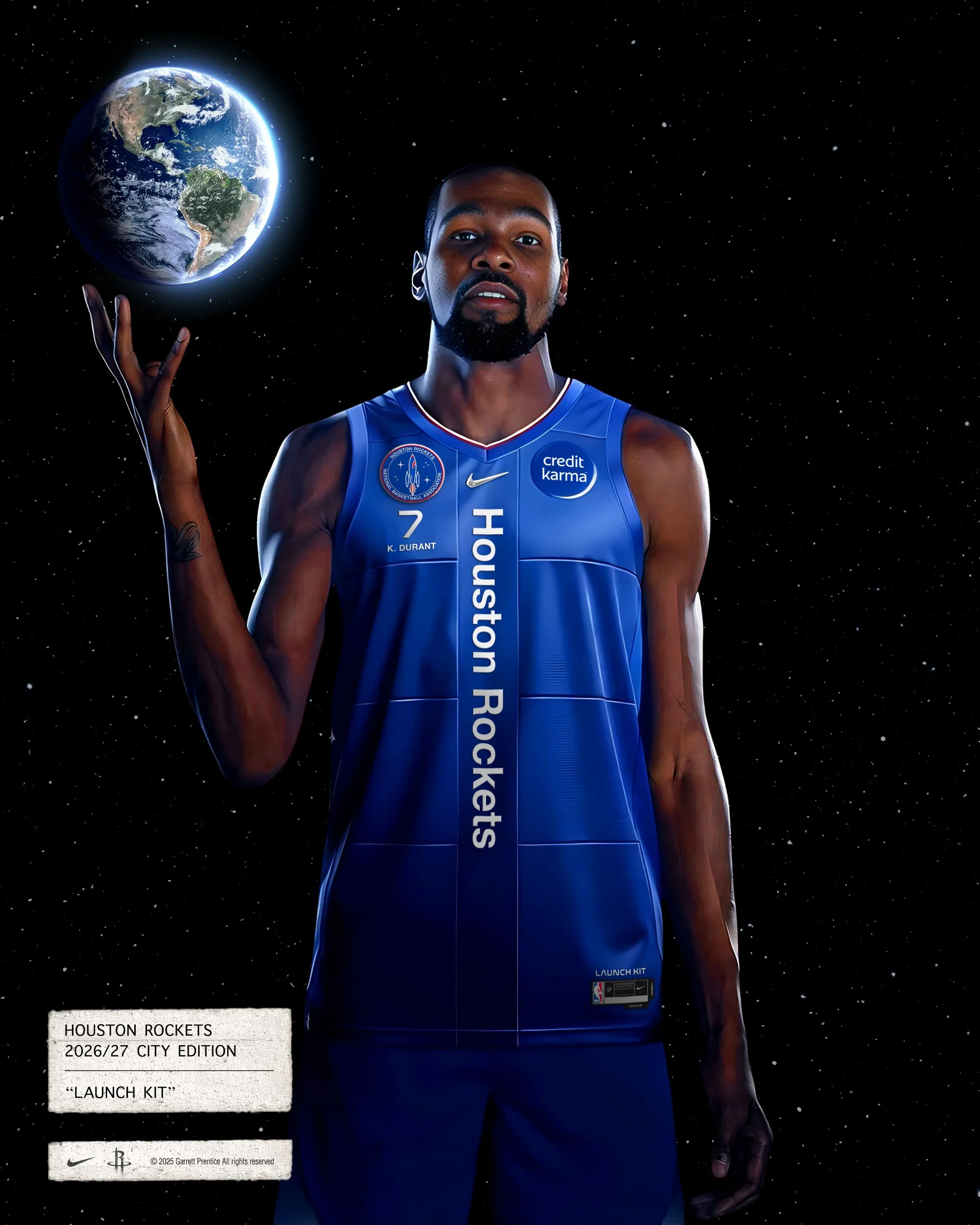 Kevin Durant in the royal-blue Launch Kit jersey against a starfield, spinning the Earth on one finger.