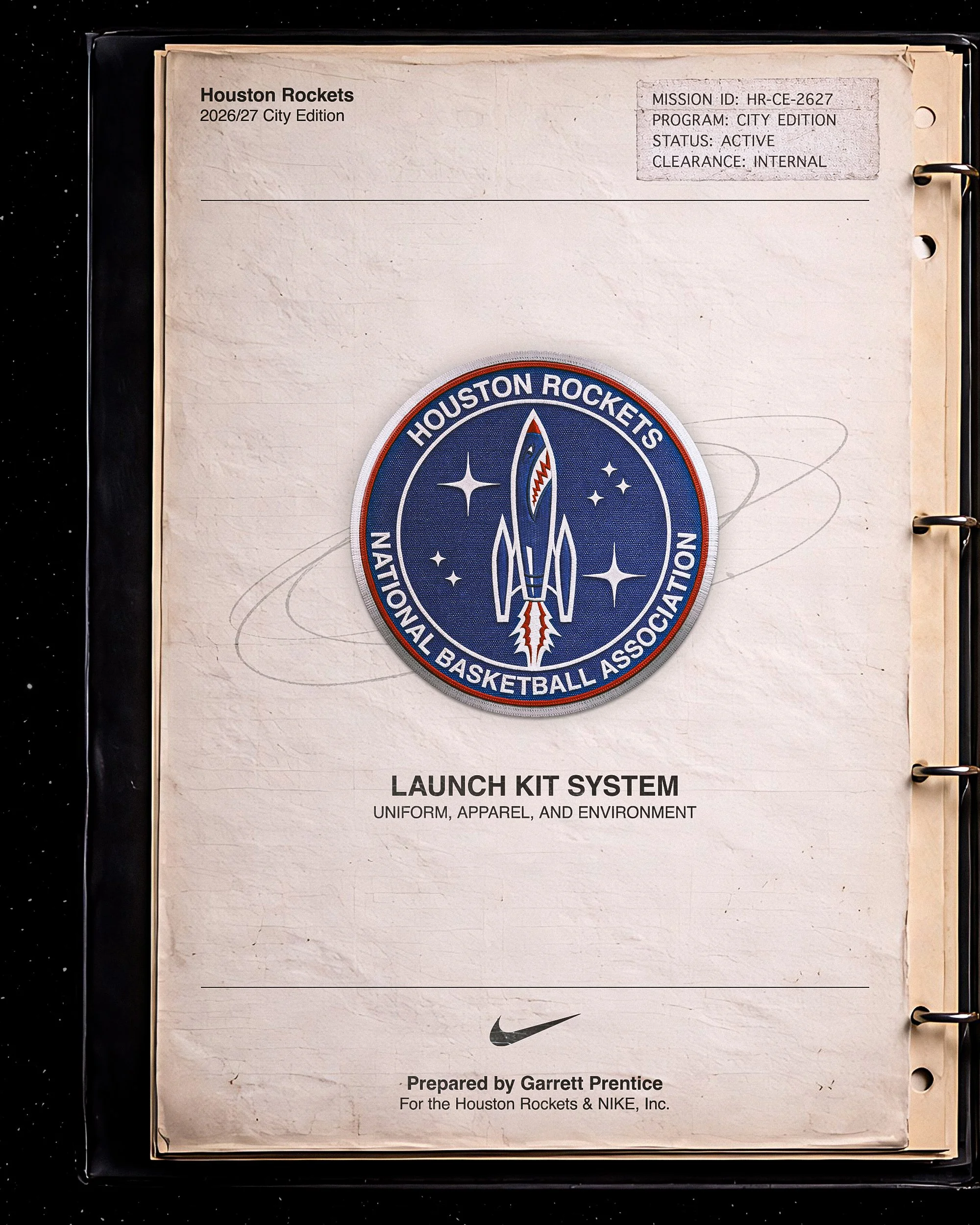 Launch Kit mission binder cover with the Houston Rockets rocket mission patch, prepared for the Houston Rockets and Nike.