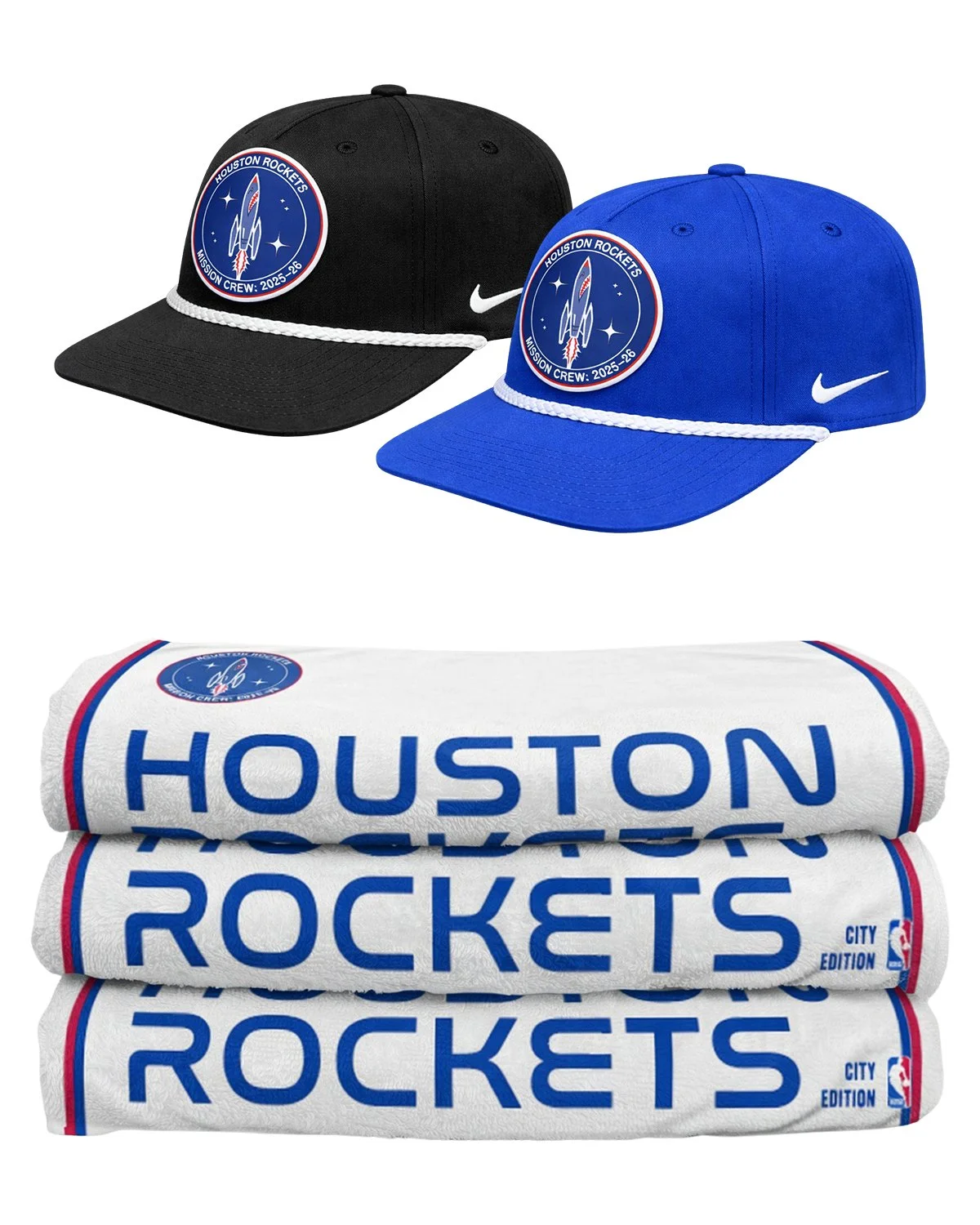 Black and royal-blue rope hats with the mission-patch crest, above stacked white bench towels reading “Houston Rockets.”