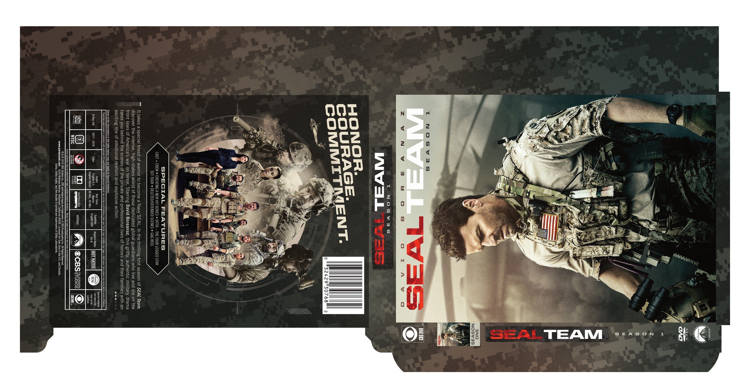 SEAL Team season one slipcase flat: David Boreanaz in tactical gear on the front, the cast and special features on the back, laid out on the die line.
