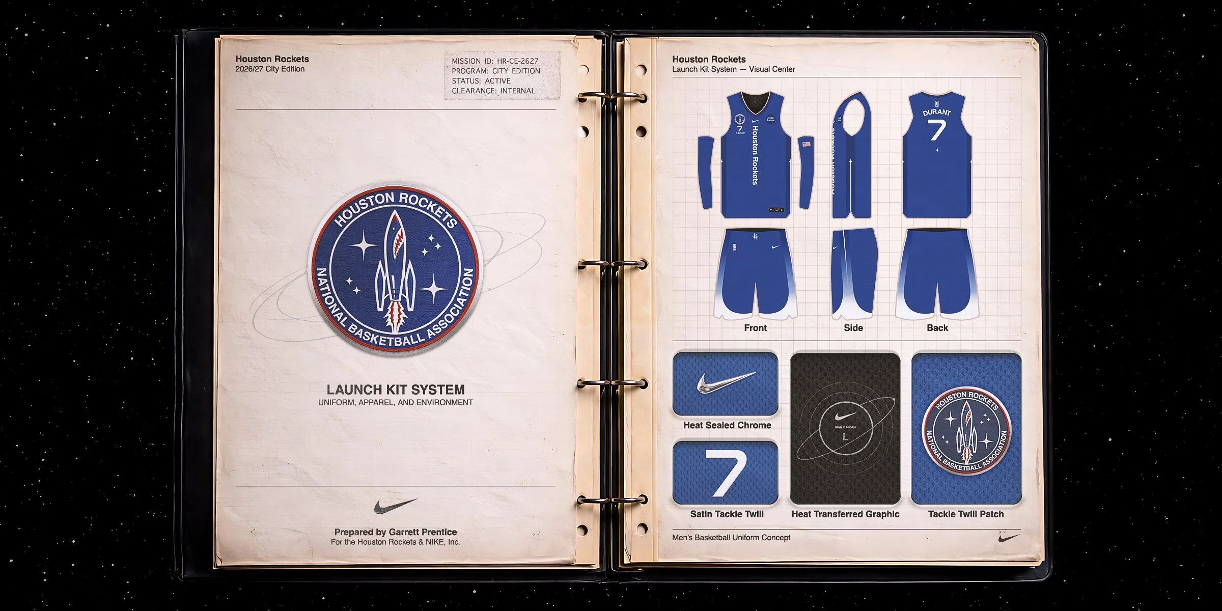 Launch Kit mission binder for a Houston Rockets City Edition concept: the cover with the rocket mission patch, and the uniform spec page showing the blue jersey and shorts with material callouts.