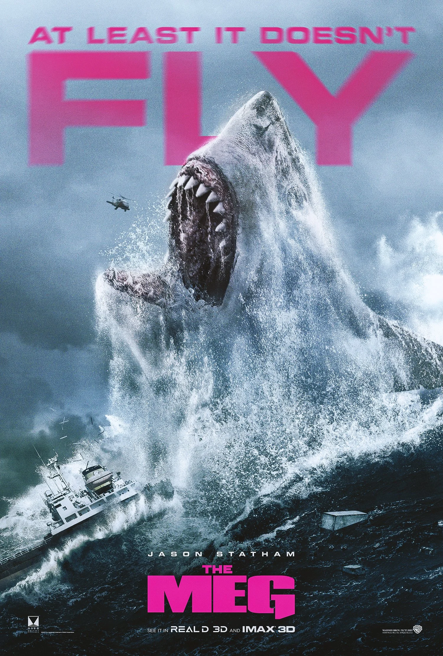The Meg one-sheet, direction A: a megalodon breaching from a storm-tossed sea under the pink line “At least it doesn’t fly.”