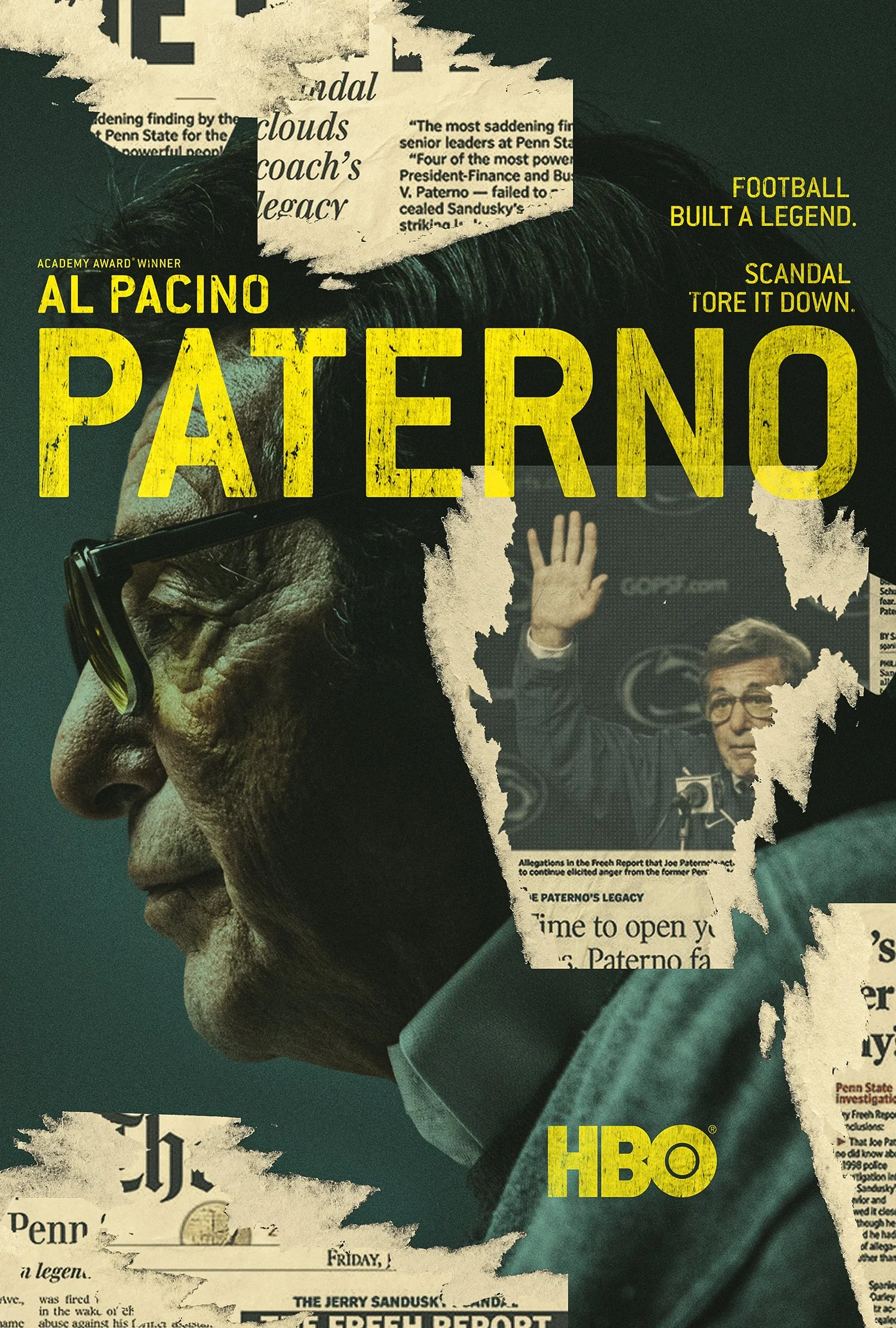 Paterno key art, direction A: Al Pacino in profile behind torn newspaper headlines, under a yellow title.