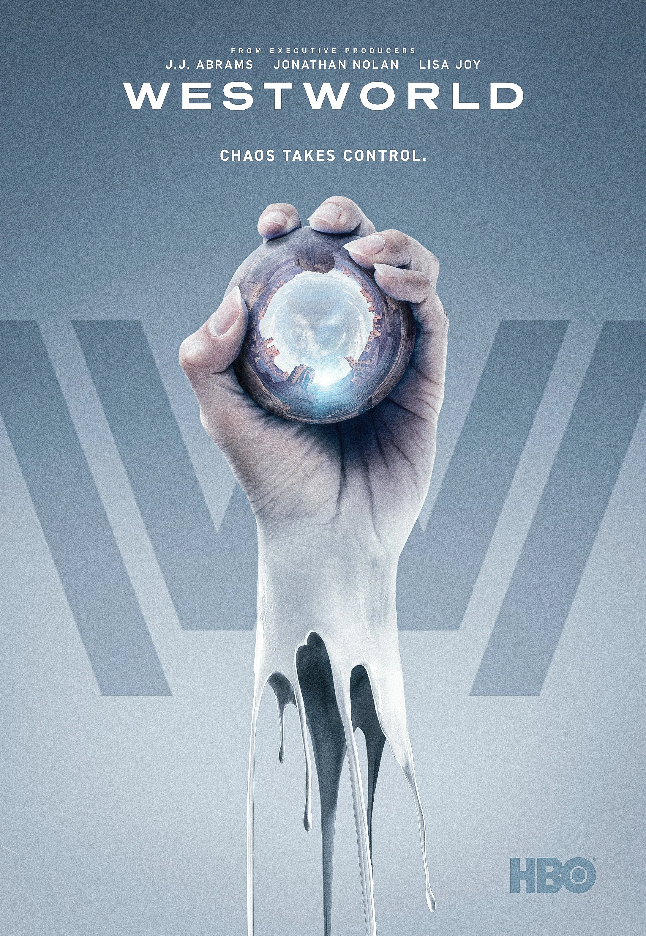 Westworld season 2 key art: a pale robotic hand holding a landscape inside a glass sphere, over the show’s W logo.