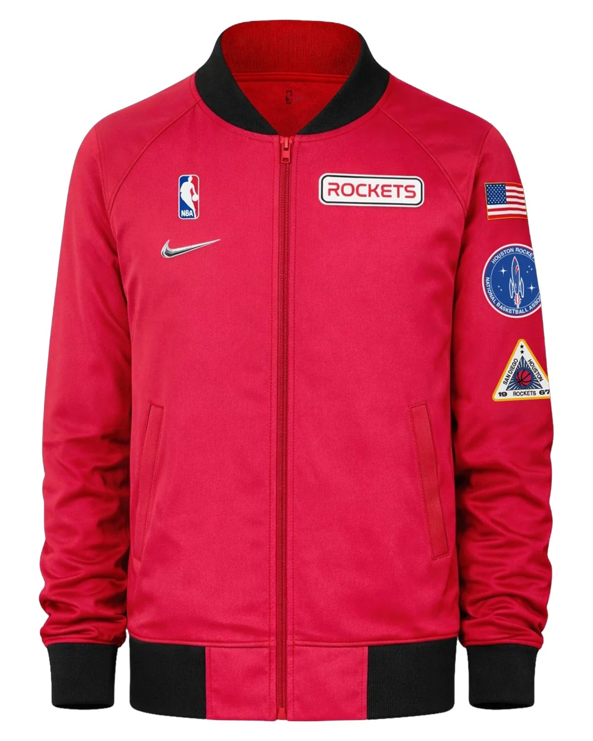 Red Nike bomber jacket with black ribbed trim, a “Rockets” name tape and mission patches on the sleeve, like a NASA flight jacket.
