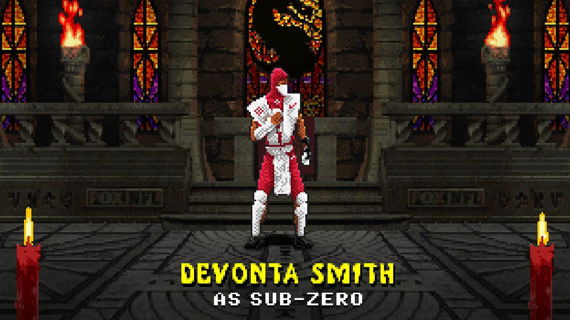 Mortal Draft: DeVonta Smith as Sub-Zero in a 16-bit fighting-game arena.