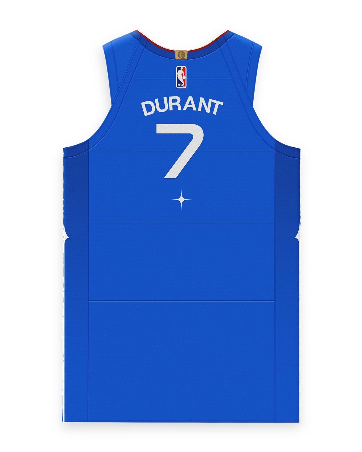Back of the royal-blue Launch Kit jersey: “Durant” arched over a white number 7, a four-point star below the number, the NBA logo and a red, white and blue collar trim.