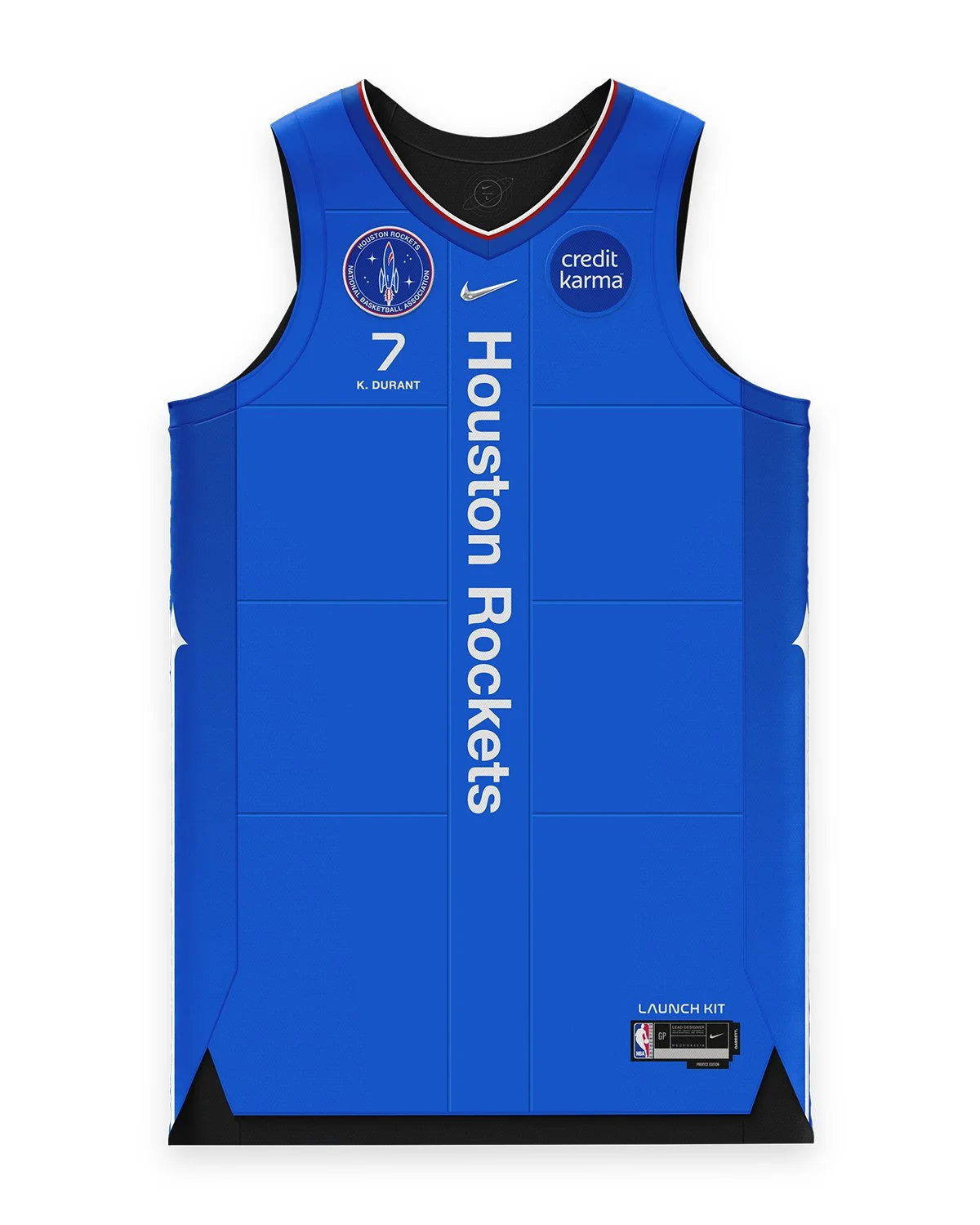 Front of the royal-blue Launch Kit jersey: “Houston Rockets” running vertically down the center, a chrome swoosh and a mission-patch crest.