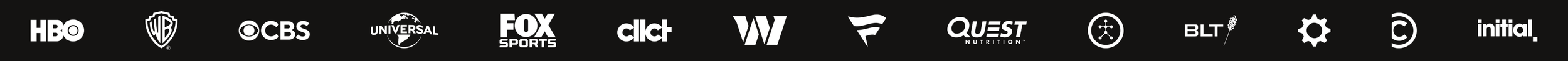 Logos of clients and networks Garrett has worked with, including FOX Sports, HBO, Warner Bros., CBS and Universal.