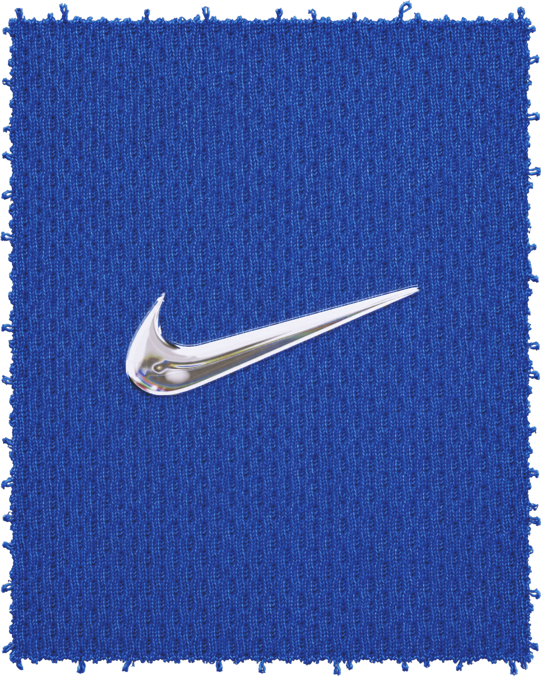 Close-up of a heat-sealed chrome Nike swoosh on royal-blue jersey mesh.