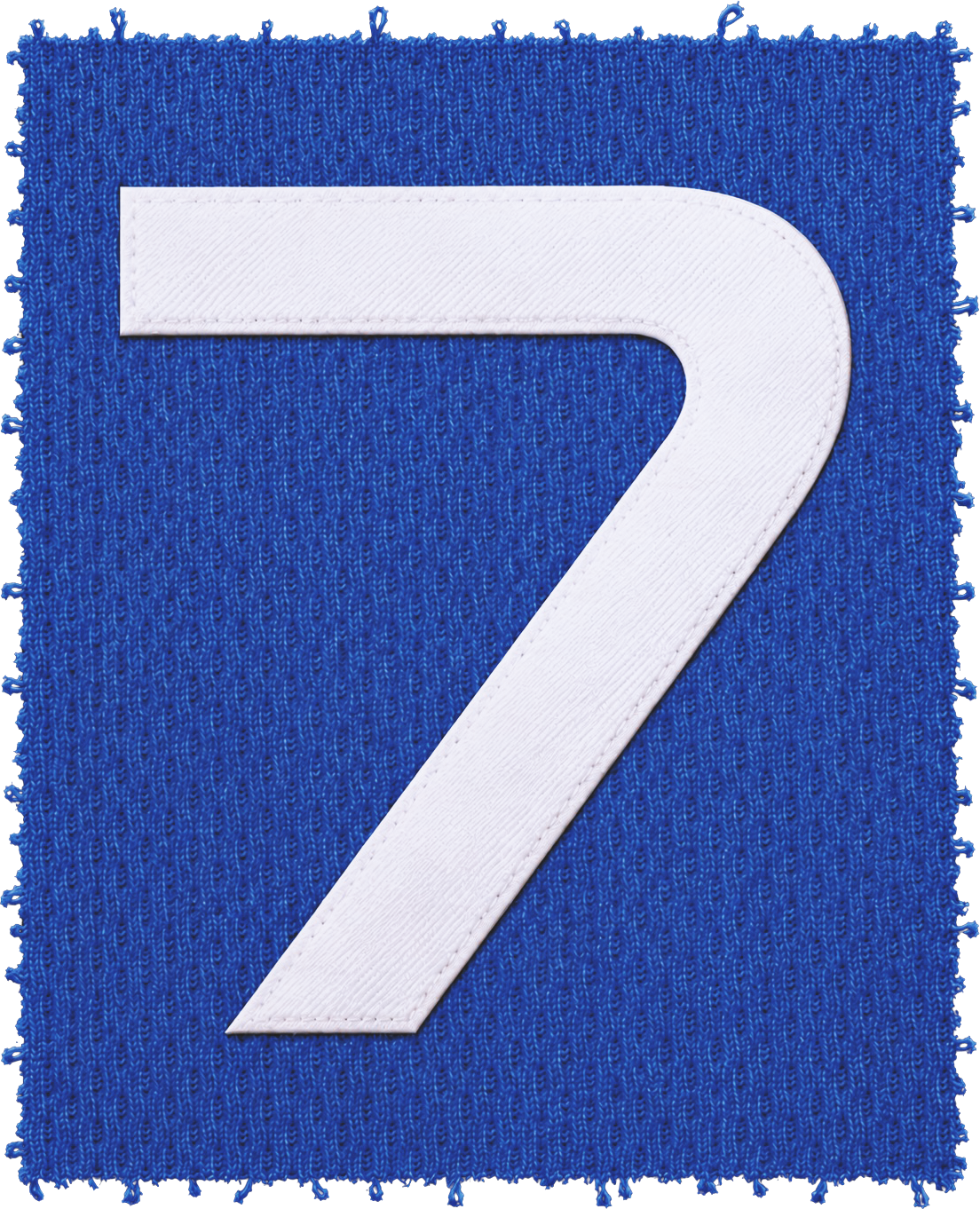 Close-up of the number 7 in white satin tackle twill, stitched onto royal-blue jersey mesh.