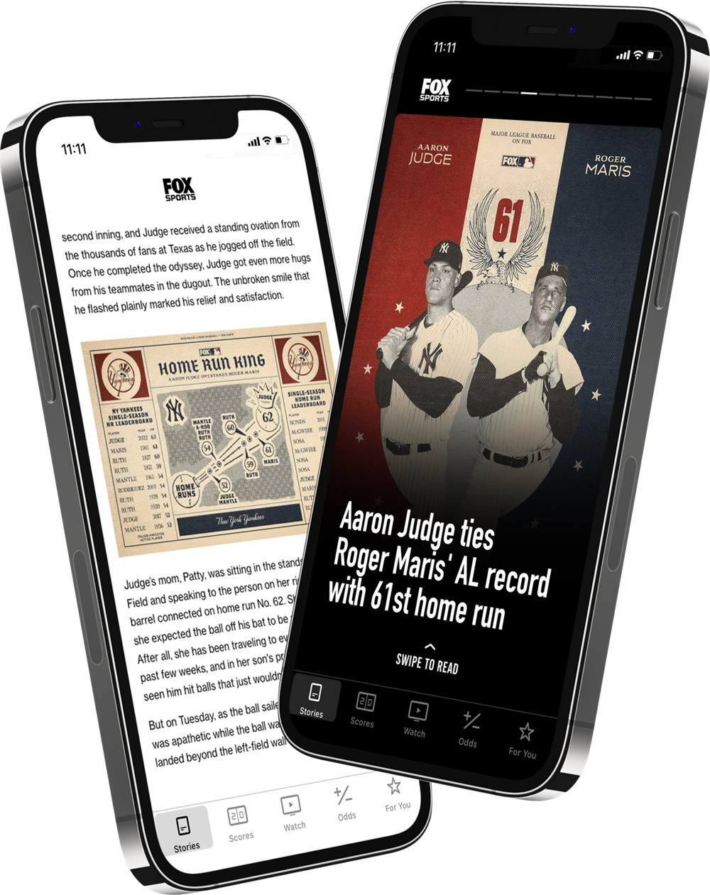 The Chasing Maris story card and an article inline as they appeared in the FOX Sports app.