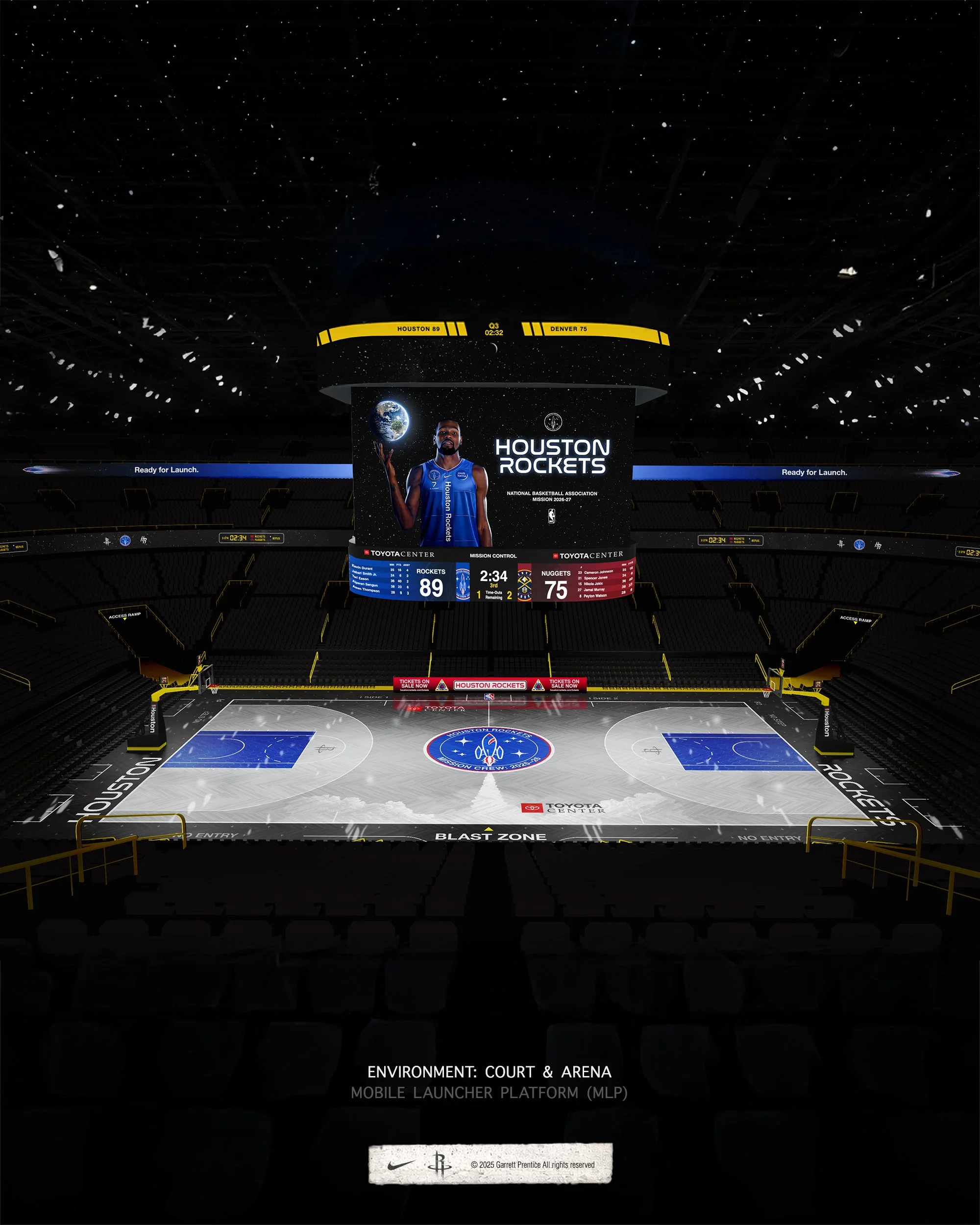The Toyota Center as the Launch Kit “mobile launcher platform”: the mission-patch court under a center-hung scoreboard showing Durant.