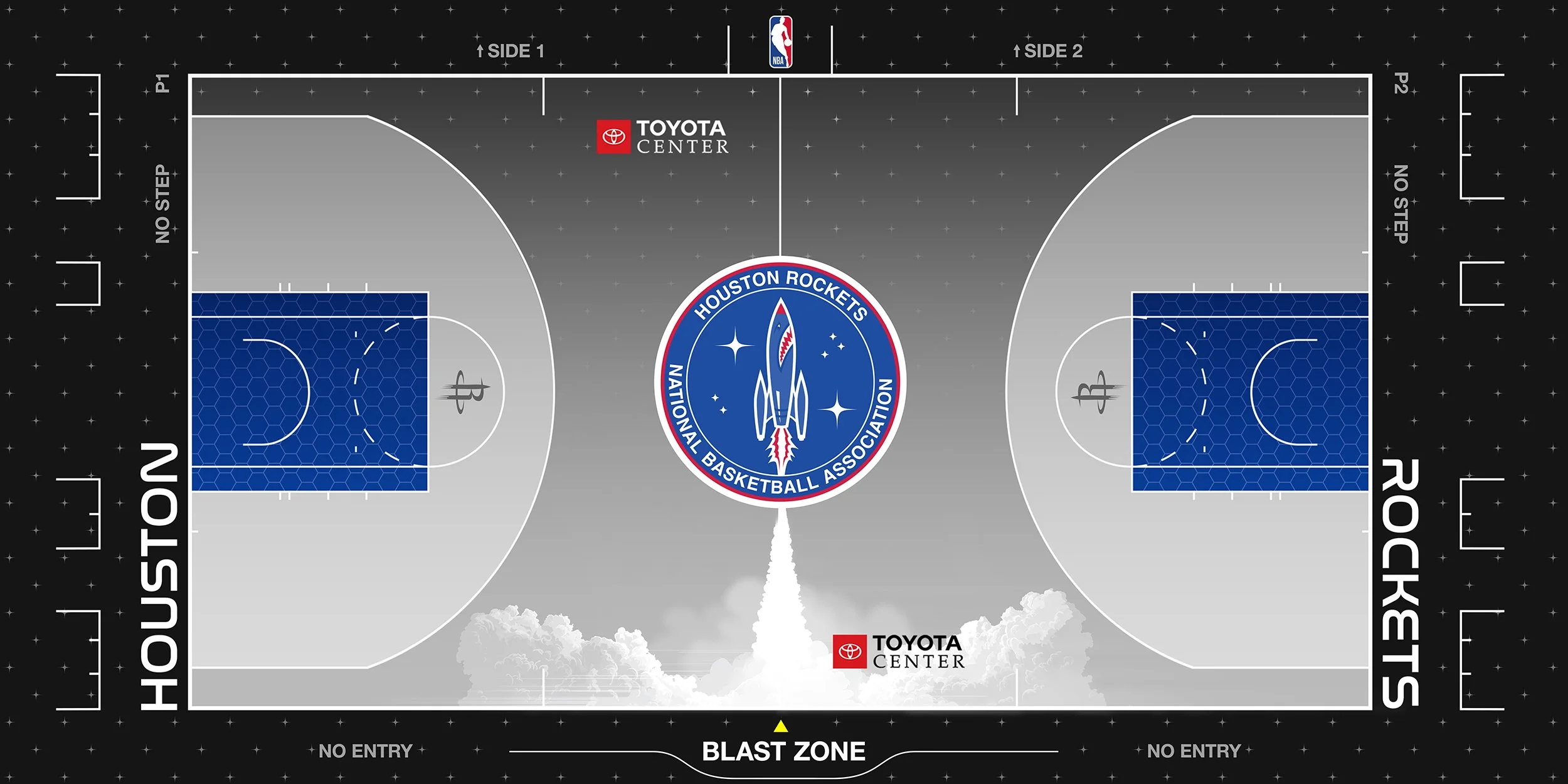 Top-down plan of the Launch Kit Rockets court: a gray floor with blue lanes, the mission-patch crest at center court above a rocket launch plume, and “Houston” and “Rockets” on the baselines.