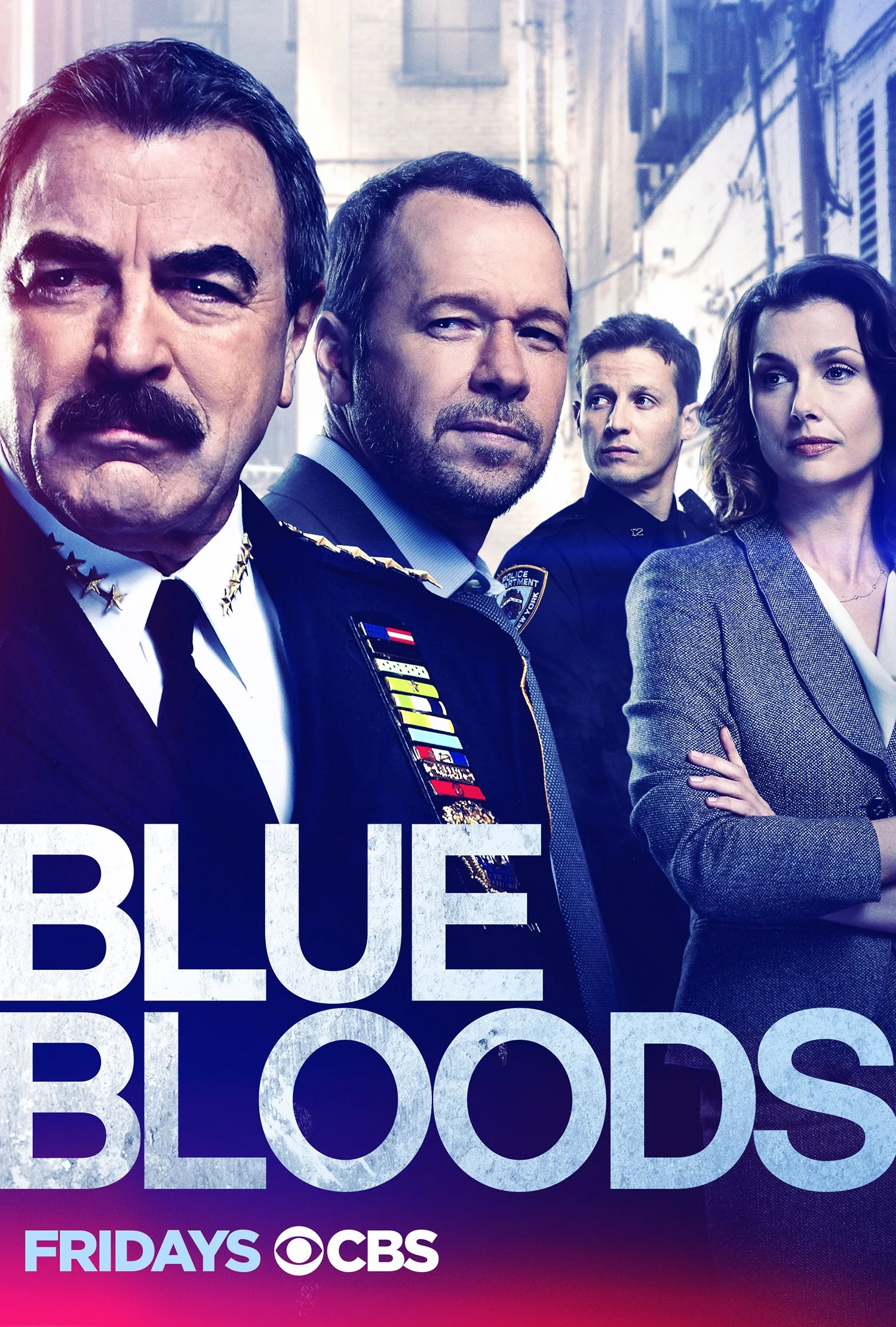 Blue Bloods key art: Tom Selleck in a police commissioner’s uniform leading the Reagan family cast.