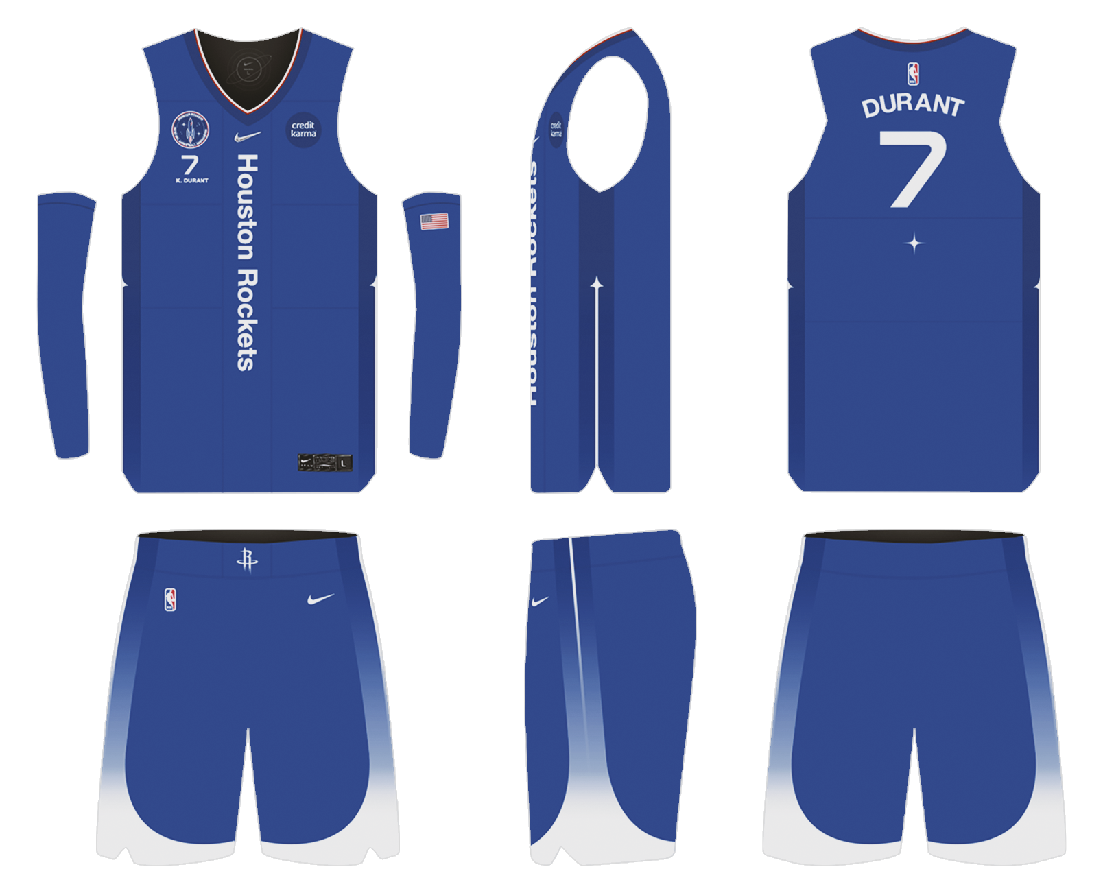Launch Kit Houston Rockets City Edition uniform in royal blue, shown front, side and back: “Houston Rockets” running vertically down the front, a mission-patch crest, Durant 7 on the back, and shorts that fade to white at the hem.