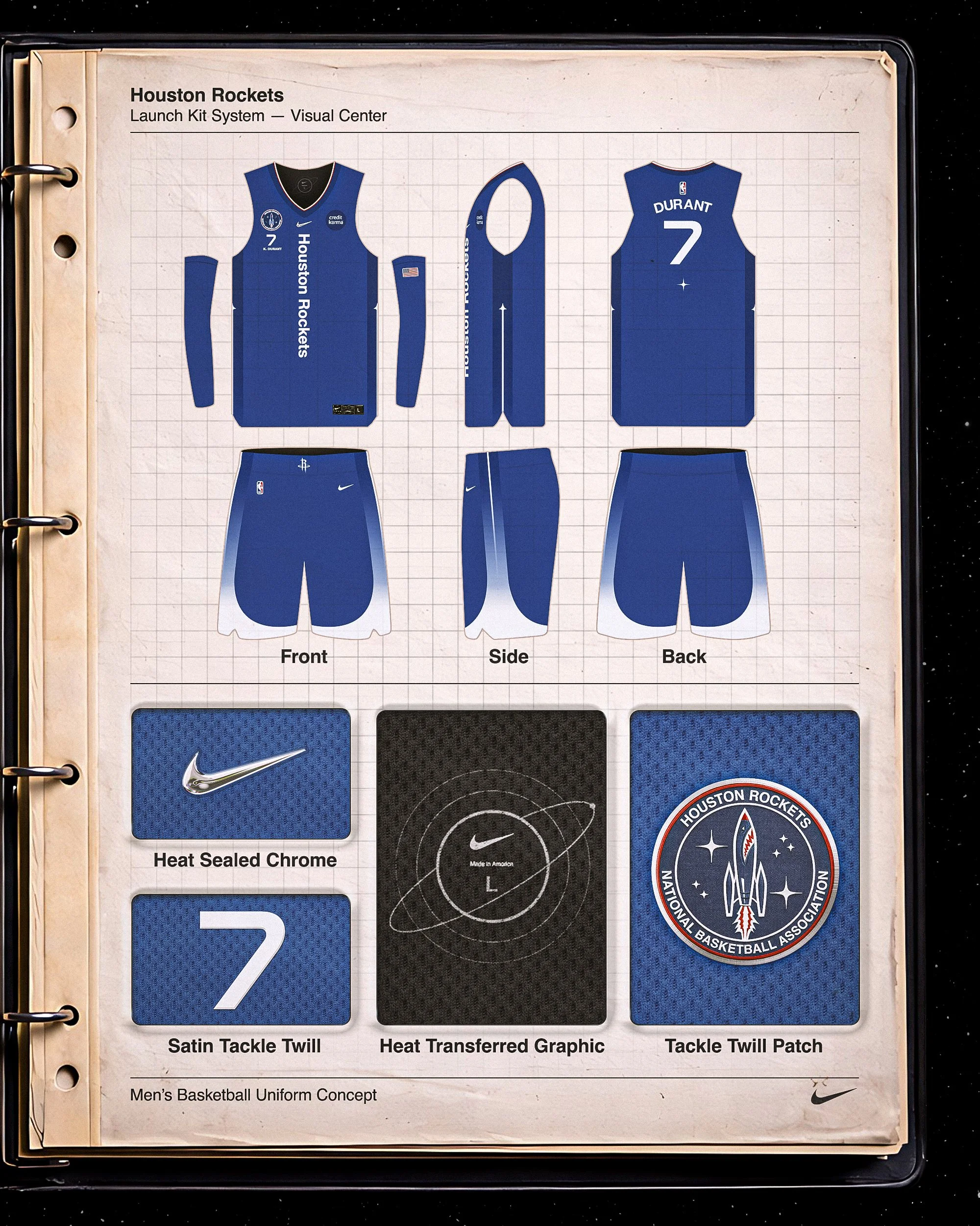 Binder spec page showing the uniform front, side and back, with material swatches for the chrome swoosh, tackle twill number, neck tag and patch.