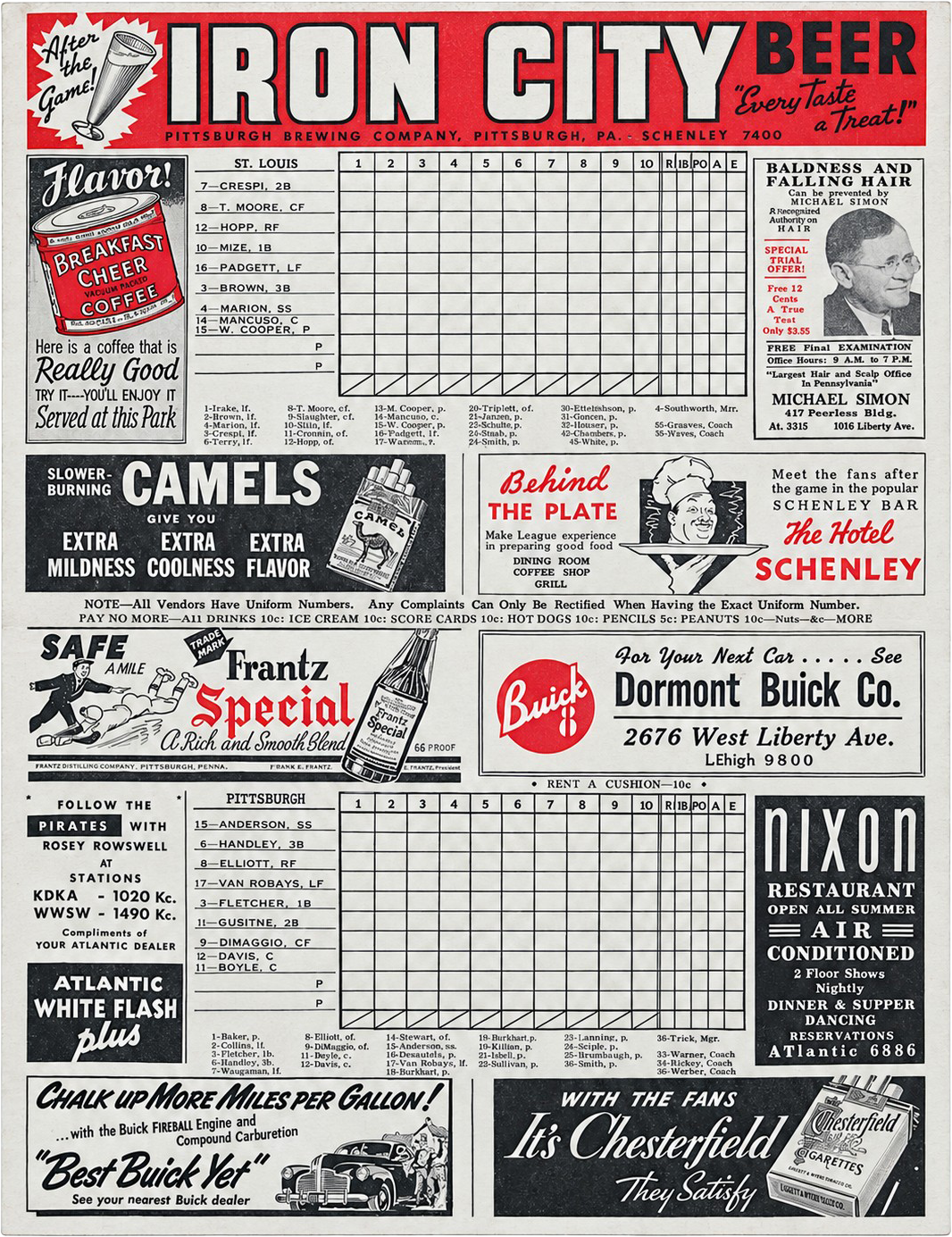 1941 Pittsburgh Pirates scorecard interior with scoring grid and two-color ads.