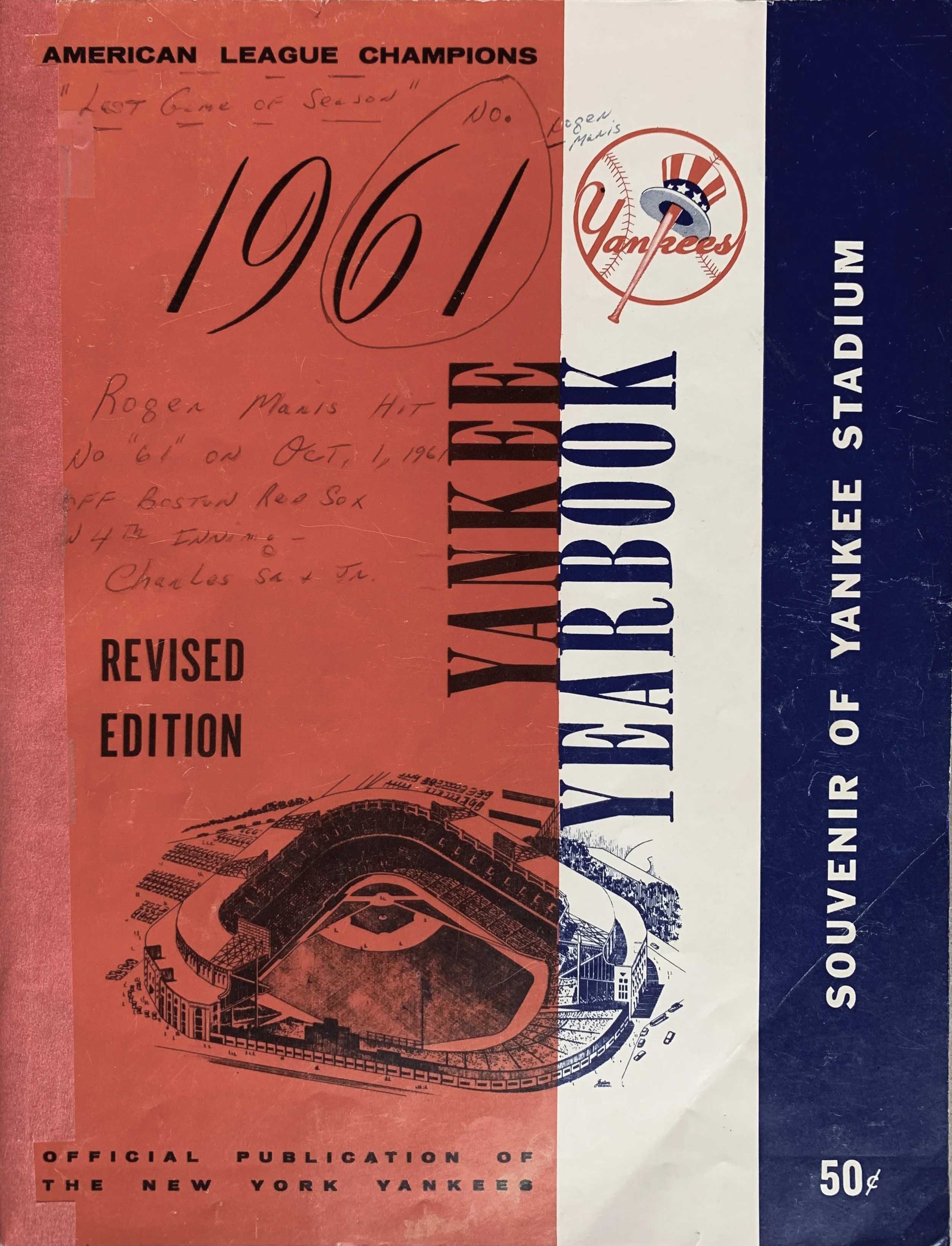 1961 New York Yankees Yearbook, revised edition, with a handwritten note about Roger Maris’s 61st home run.