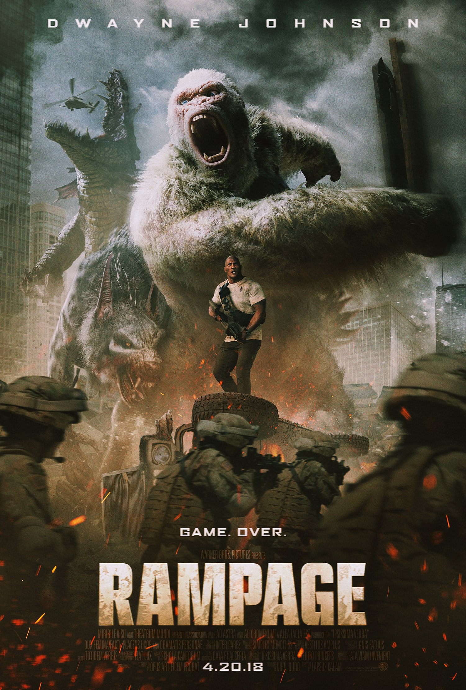 Rampage one-sheet: a giant albino gorilla roaring over a burning city, with Dwayne Johnson standing in the rubble below.