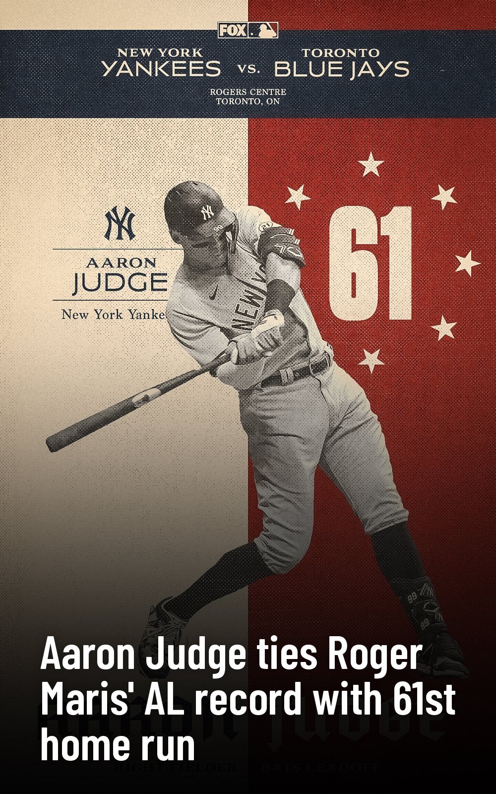 FOX Sports story card: “Aaron Judge ties Roger Maris’ AL record with 61st home run,” Yankees vs. Blue Jays scorecard style.