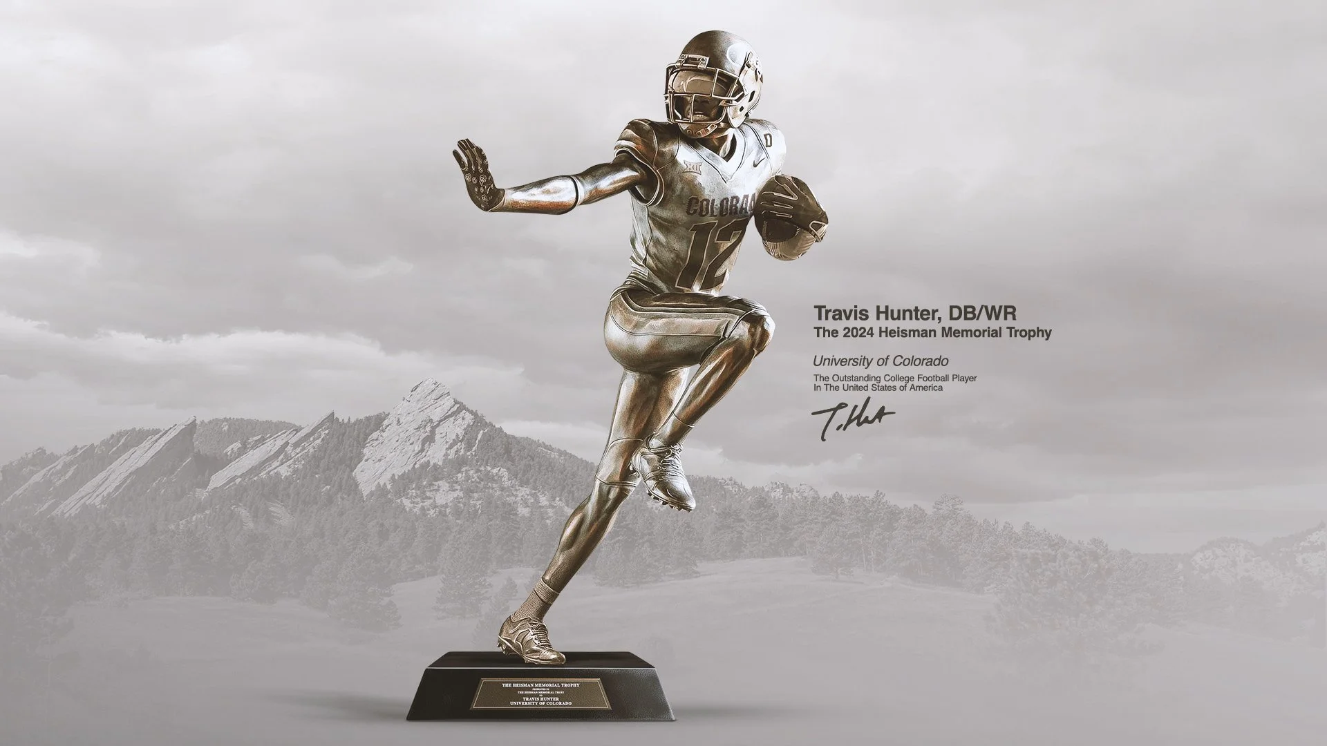 Immortals: Travis Hunter as a bronze statue against snowcapped mountains.