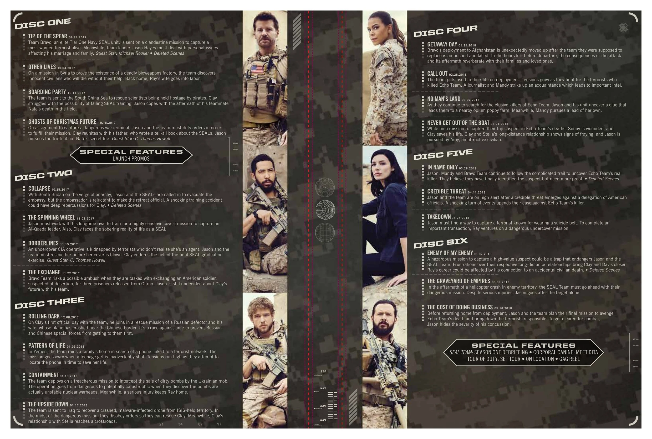 SEAL Team season one Amaray case interior: episode listings for discs one through six, with cast photography and a special features panel.
