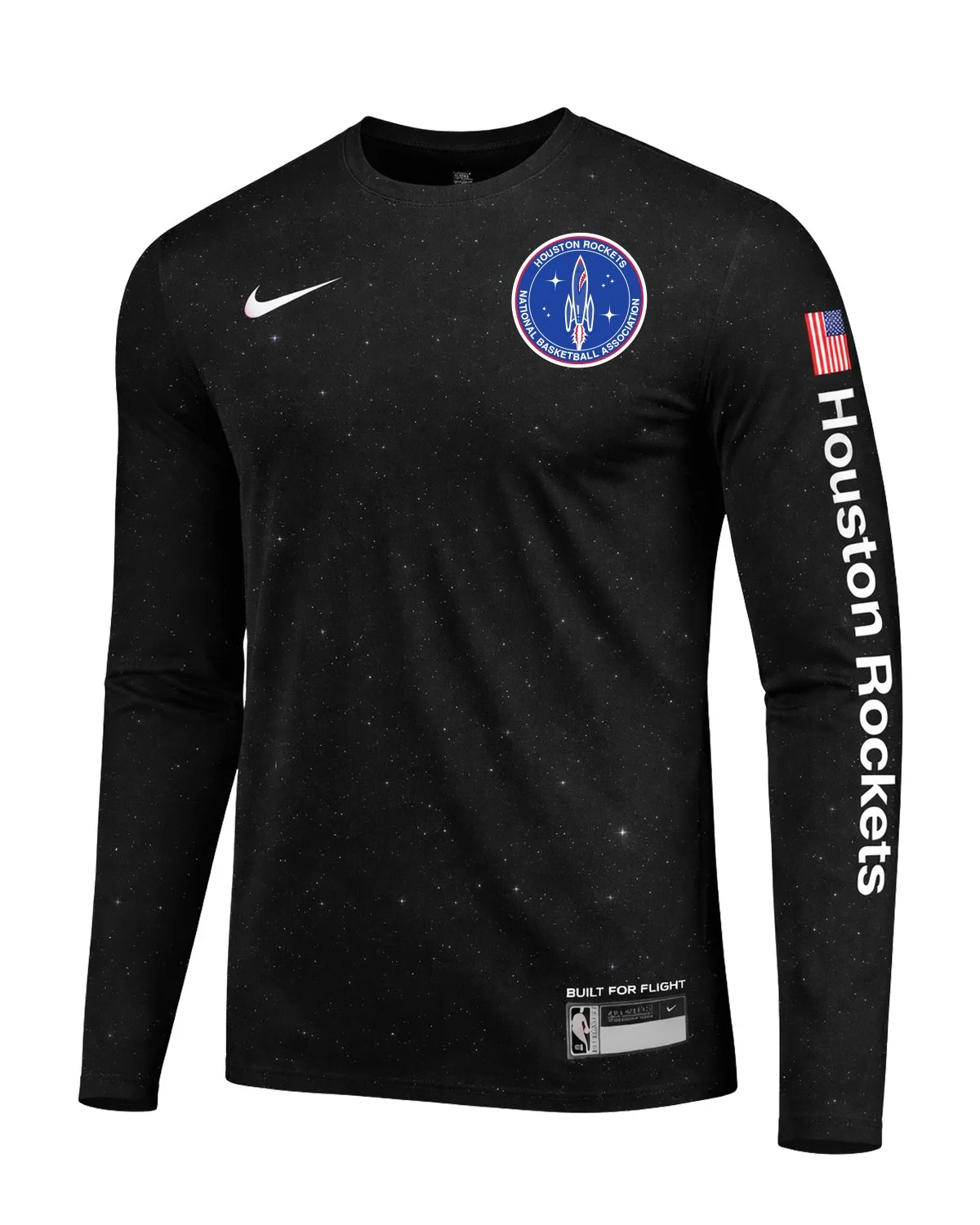 Black long-sleeve shooting shirt with a scattered starfield print, the mission-patch crest and “Houston Rockets” down the sleeve.