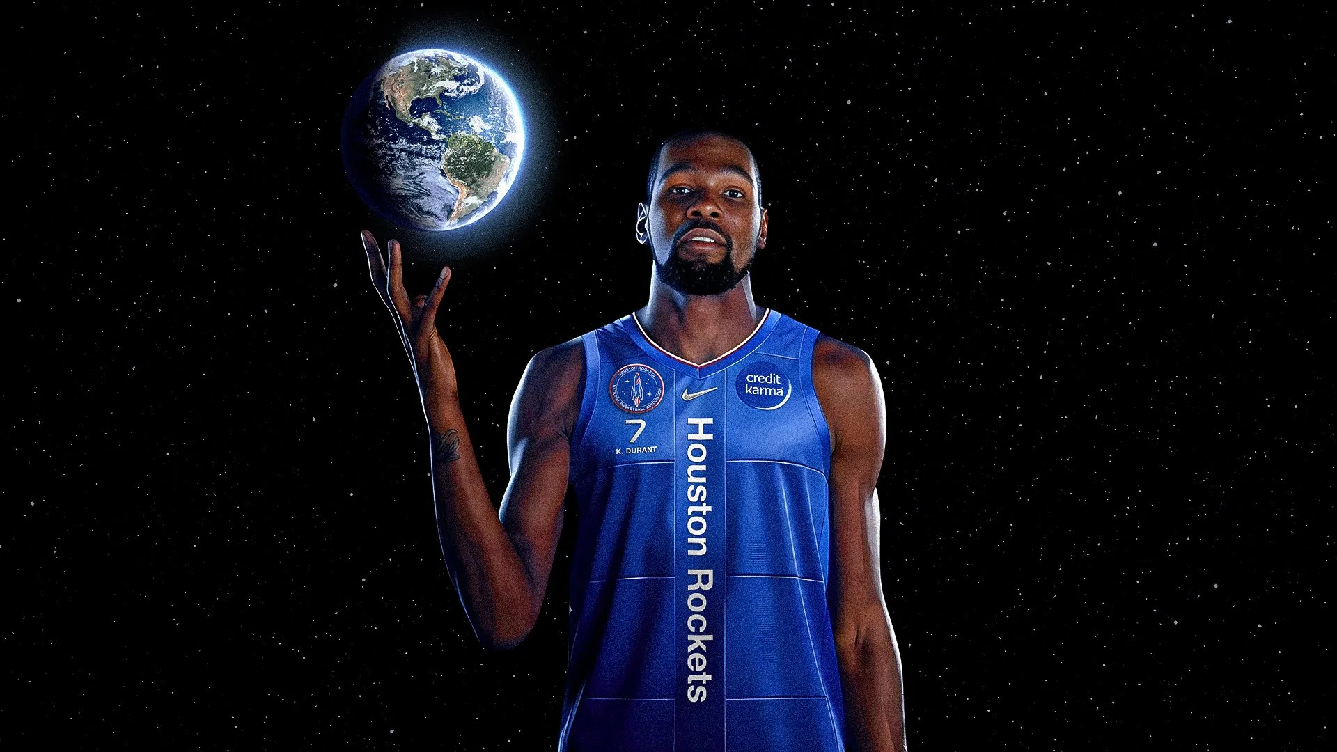 Launch Kit: Kevin Durant in the royal-blue Rockets City Edition jersey, spinning the Earth on one finger.