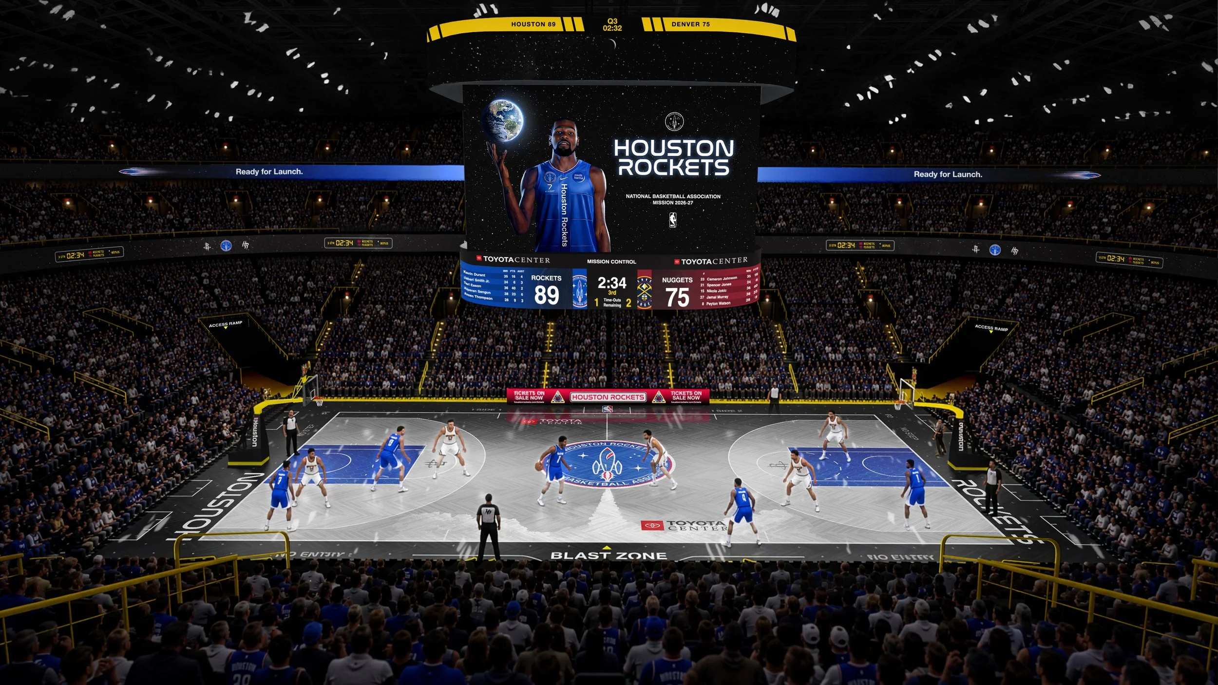 The Toyota Center on game night in the Launch Kit design: the Rockets on the mission-patch court under a center-hung scoreboard showing Durant in the City Edition, with “Ready for Launch” ribbon boards.