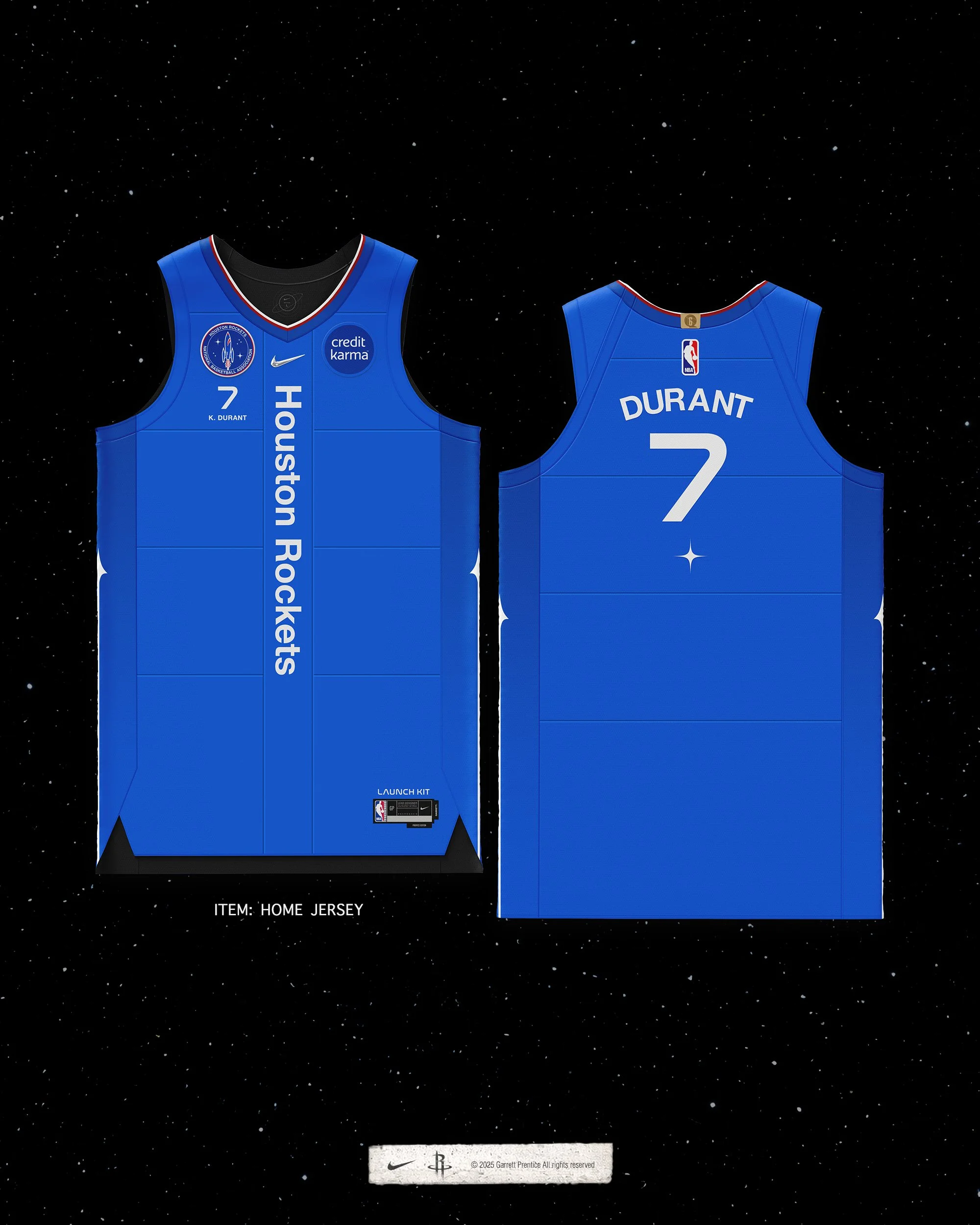 Front and back of the Launch Kit home jersey: “Houston Rockets” vertical on the front, Durant 7 with a star on the back.