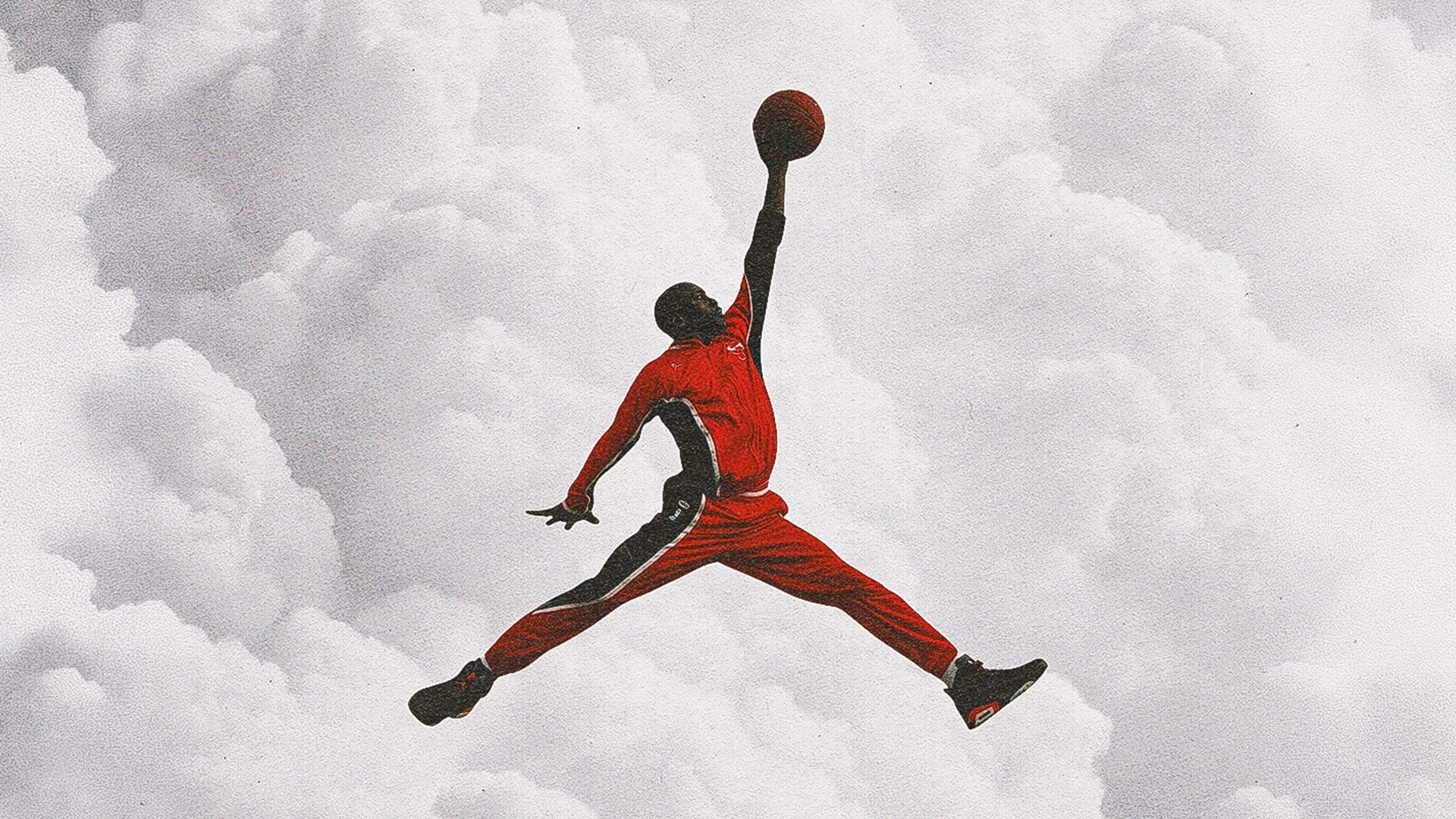 Air Jordan: a red Jumpman silhouette soaring through white clouds.