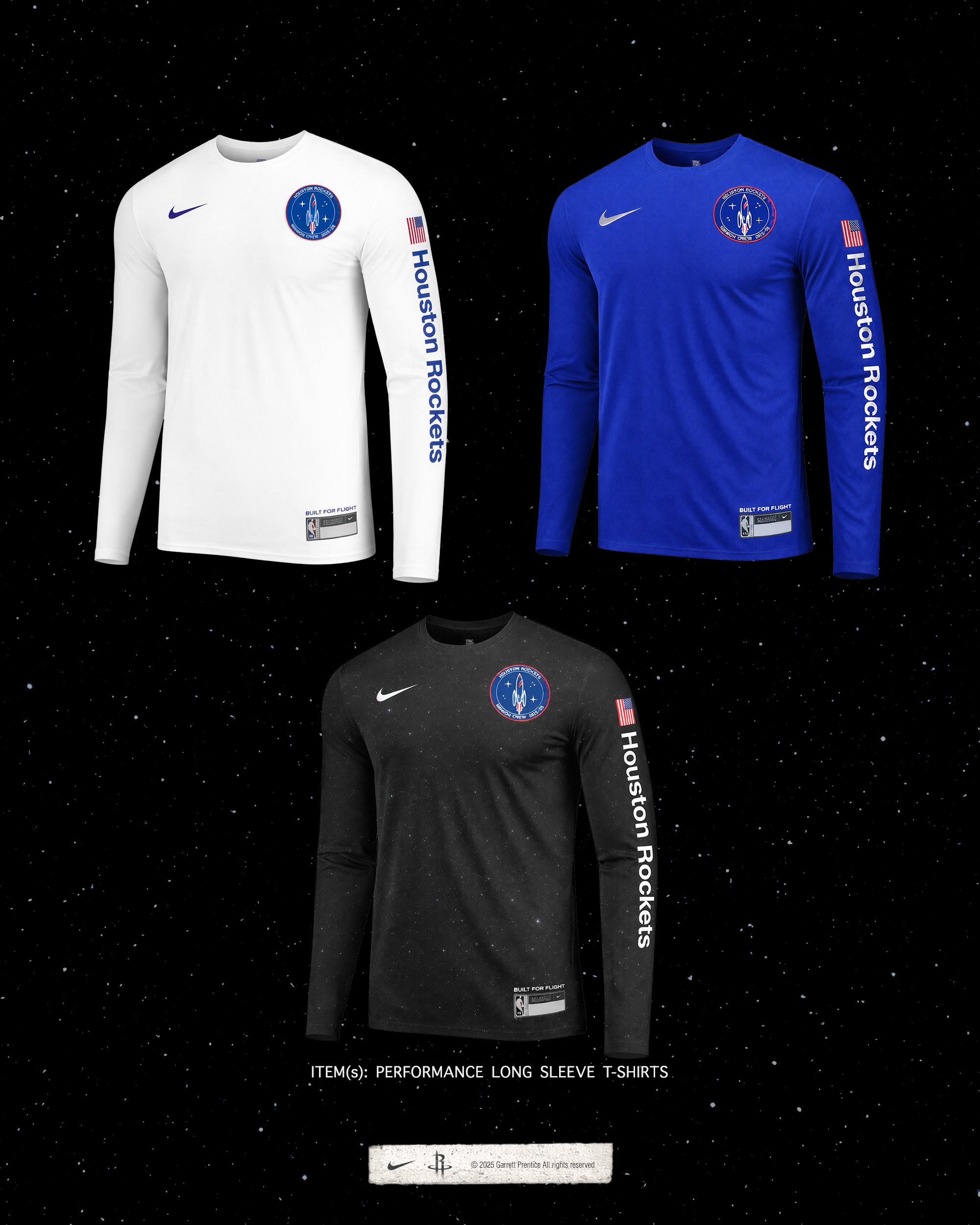 Three Launch Kit long-sleeve shooting shirts in white, royal and black starfield, each with the mission patch and “Houston Rockets” down the sleeve.