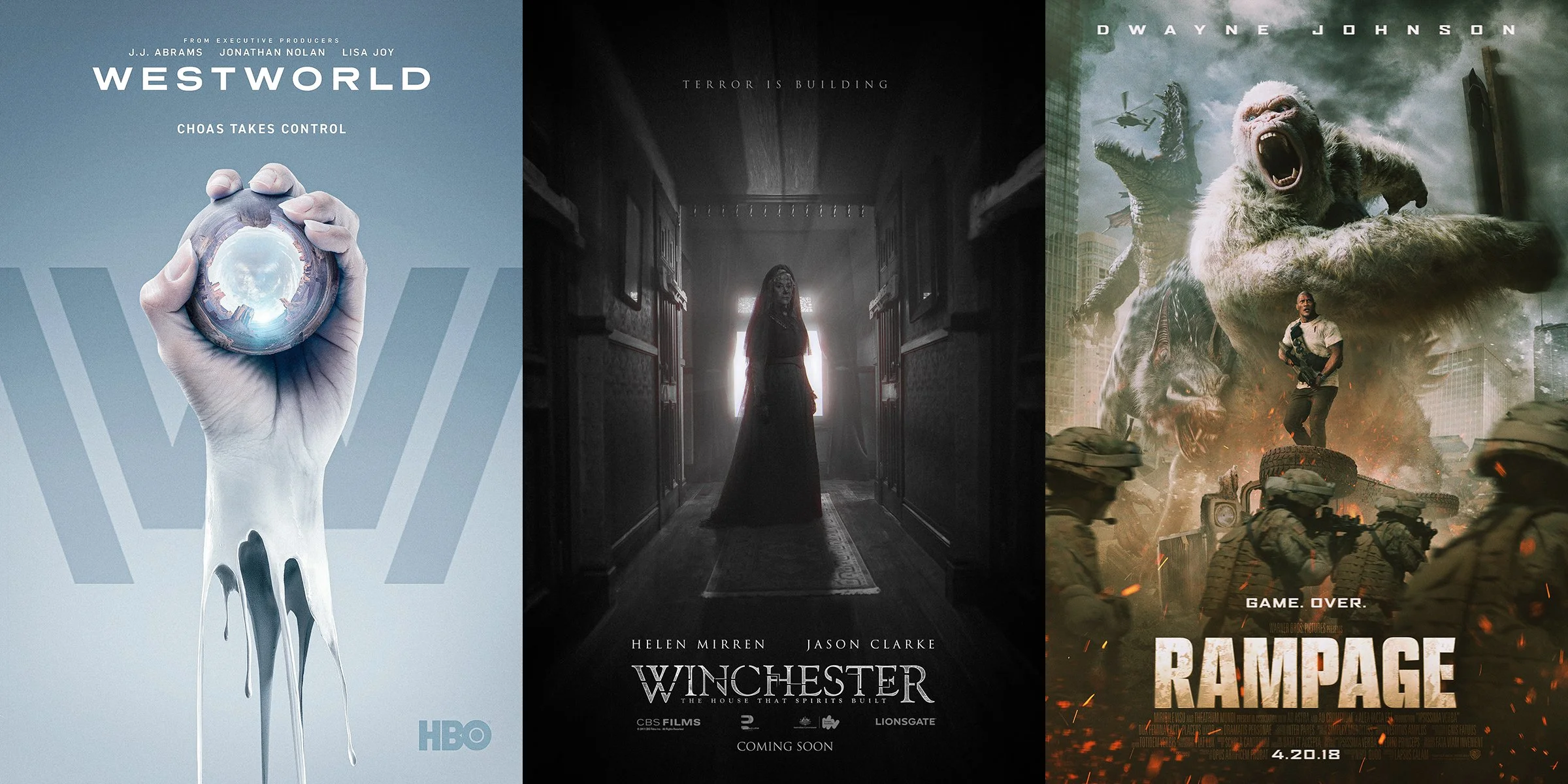 Three one-sheets side by side: Westworld’s robotic hand holding a glass sphere, Winchester’s lone figure in a dark hallway, and Rampage’s albino gorilla roaring over a ruined city.