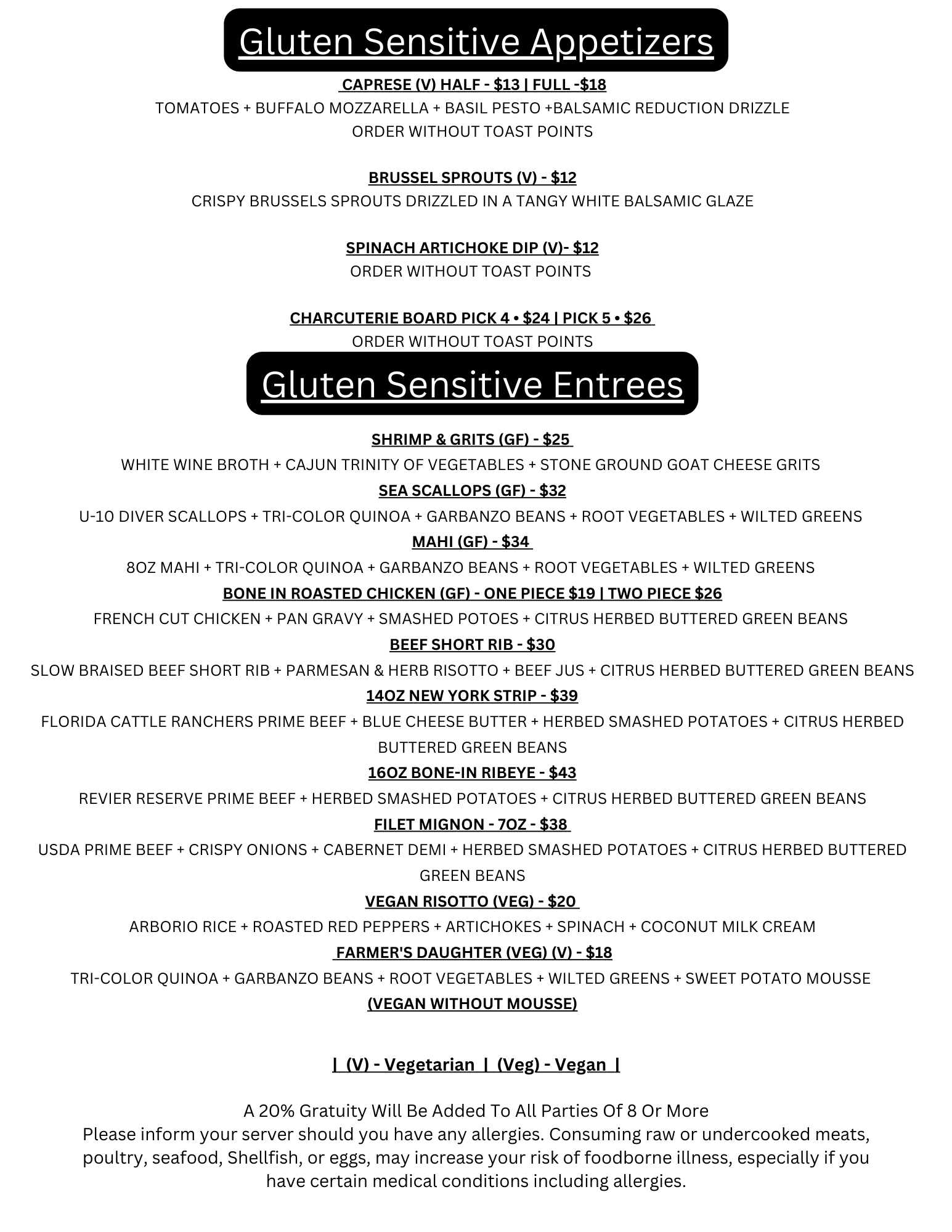 Gluten Sensitive Menu — The Table