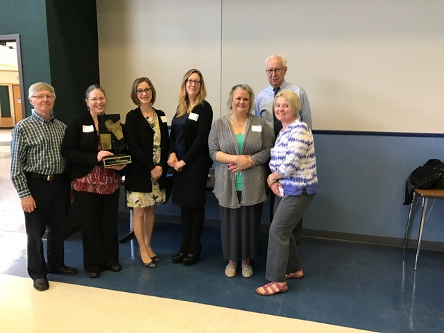 Pictured (left to write: Bill Halliar, co-chair of the World Creativity and Innovation Week 2017 committee; Pam Okuson and Stephanie Murphy from the La Porte County Public Library; Karen Jedrysek, Spark Labs volunteer; Kristi Chadderdon, La Porte County Public Library; and Earl Adams, Spark Labs volunteer; and Keri Marrs-Barron, co-chair of the World Creativity and Innovation Week 2017.
