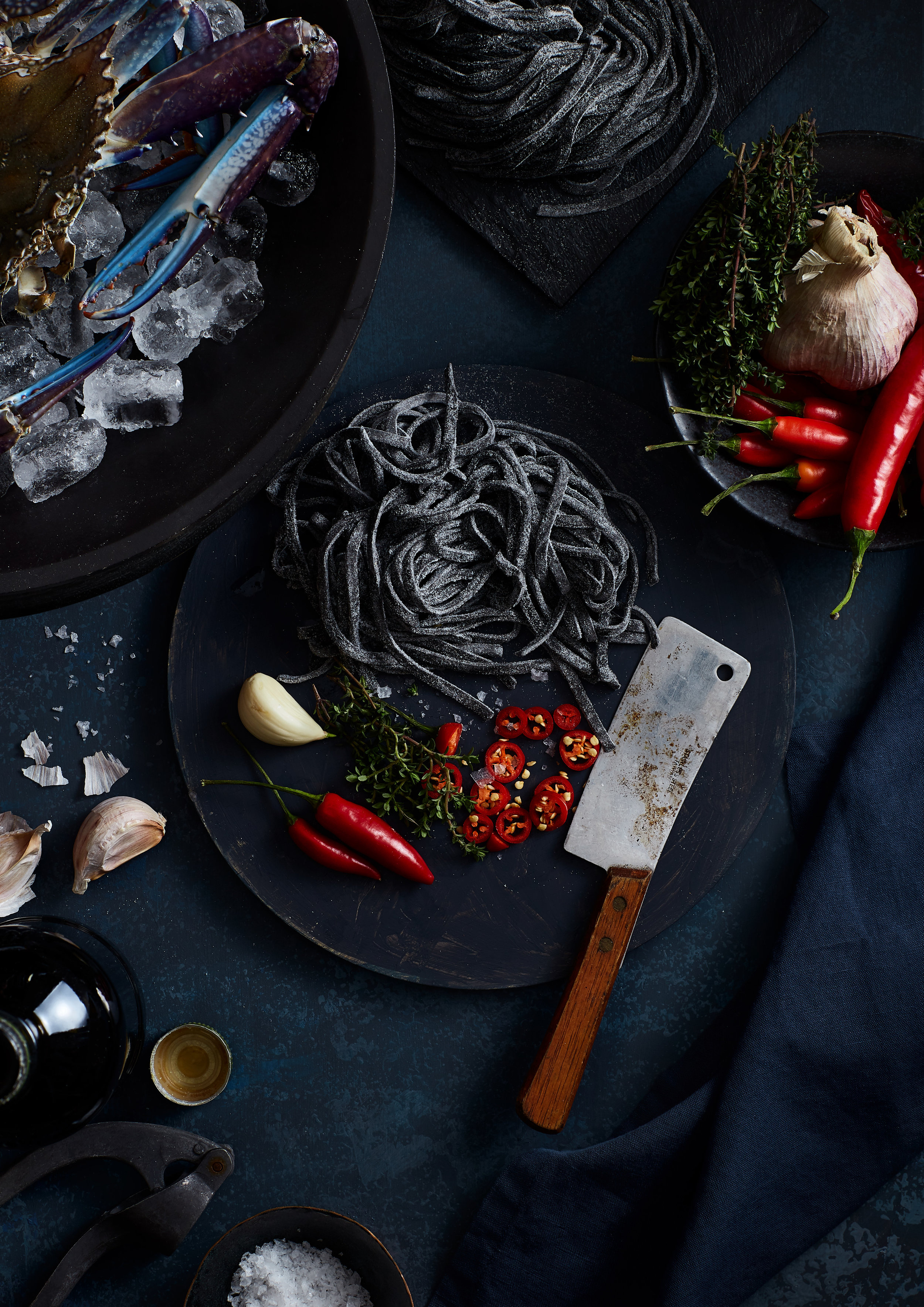 Squid Ink Pasta with Crab Chilli and Garlic