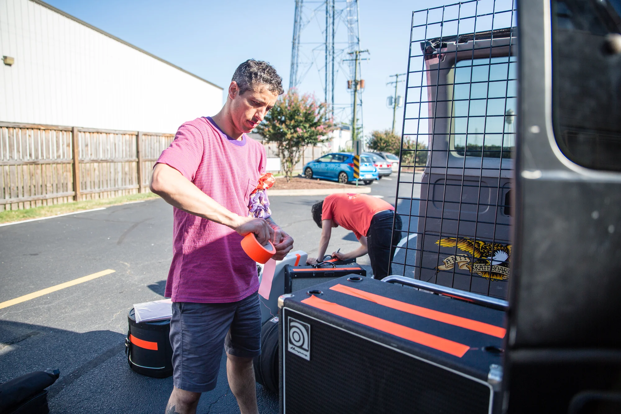 Chris Jimenez labeling gear in the Hardywood Brewery parking lot.