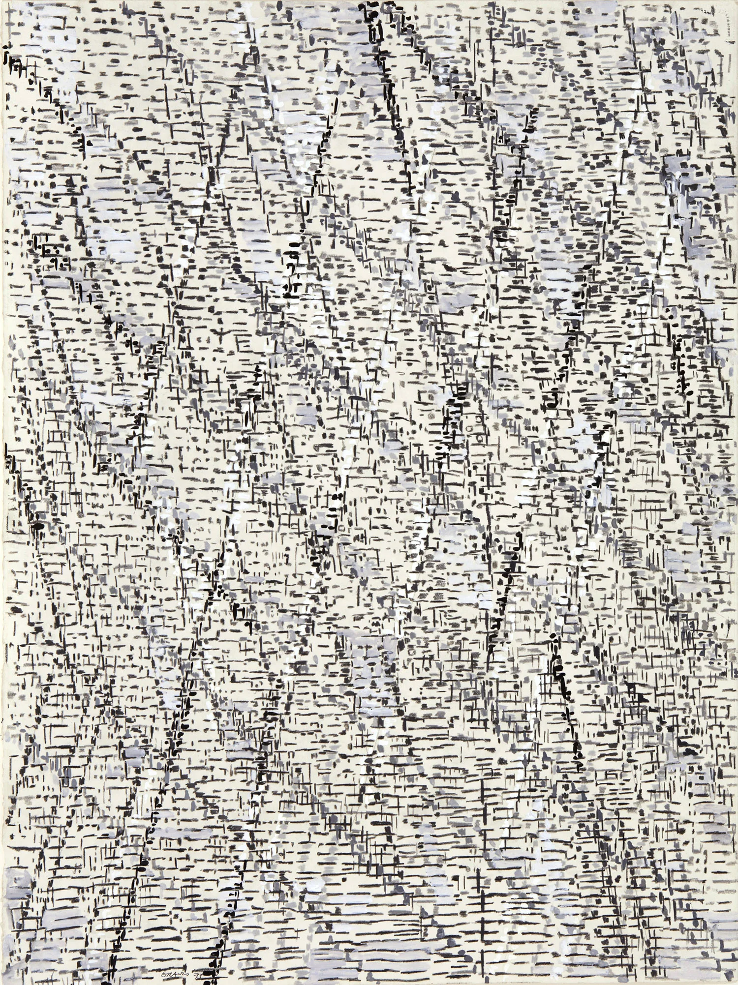 Mars: Noise, 1973. Acrylic, India ink, graphite and gouache on paper (three part drawing) 30 x 22.5. Collection of the Nancy Graves Foundation.