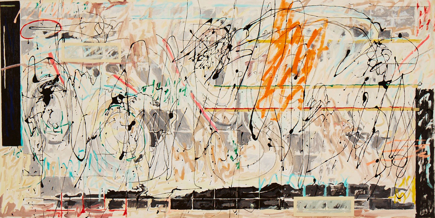 OV, 1976. Acrylic, oil and collage on canvas. 36 x 72". Collection of the Nancy Graves Foundation.