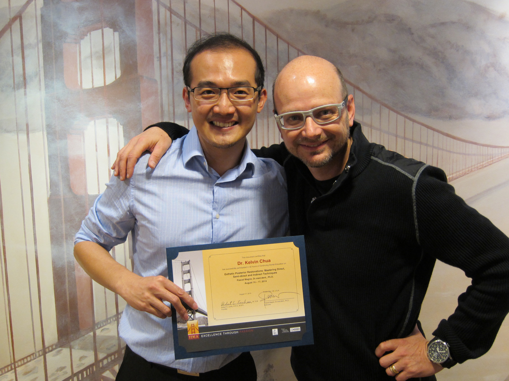  With Prof Pascal Magne, University of Southern California,after the Posterior Aesthetic and Same Day Crown or Restorations course in 2014. 