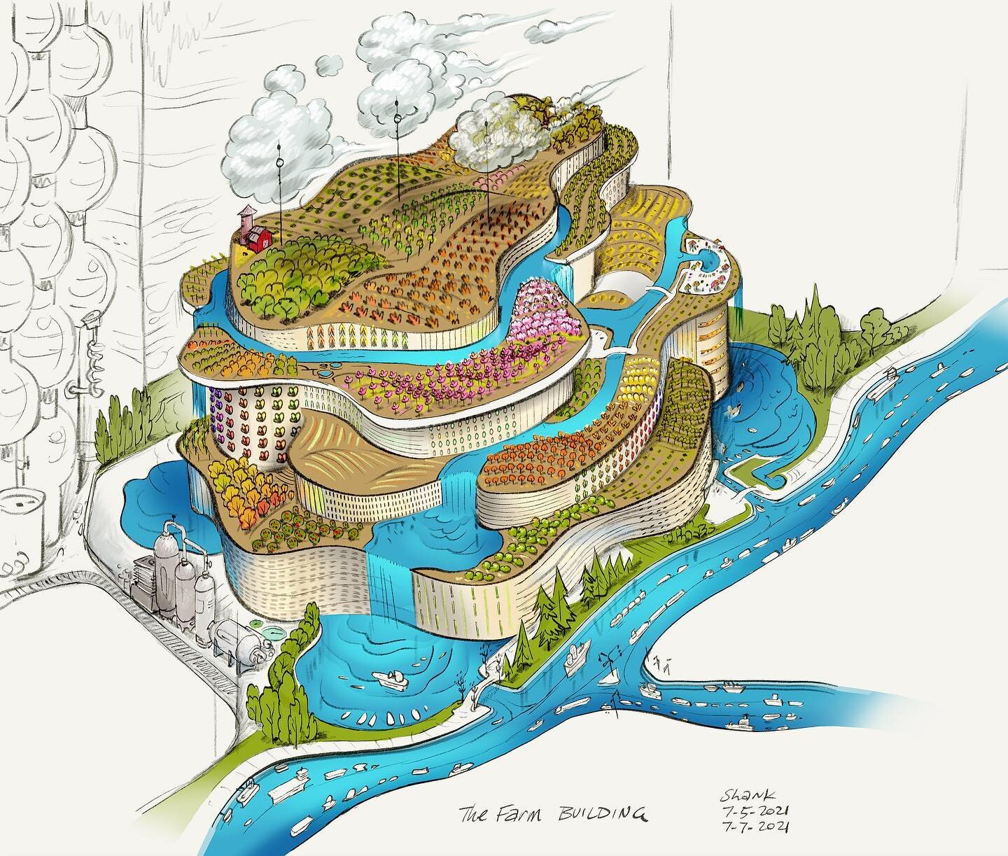 Farm Building
Here&rsquo;s an idea for an Earth building bringing the farm into the big city. This idea came about too late to find a meaningful place in the story so I had to reconfigure the idea to be a vertical farm. Here you can see it in the &ld