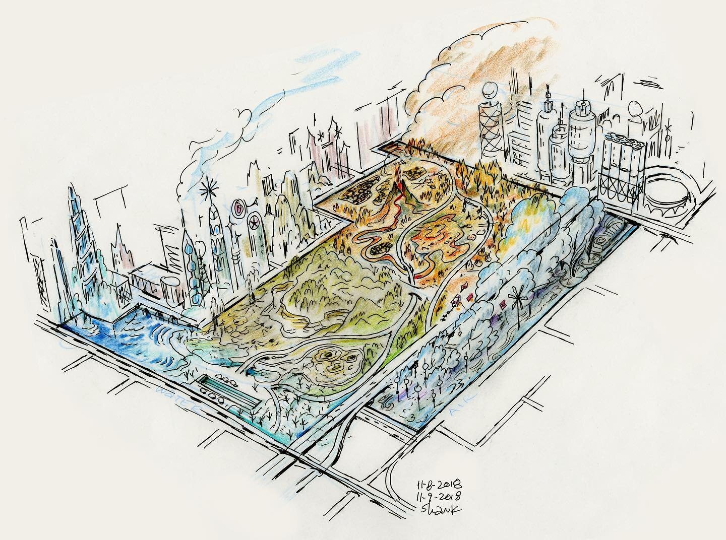 Sticking with the early stuff. Here&rsquo;s a silly idea where the city park is in the shape of a periodic table, but it ended up sticking. In this take each element had sort of a themed area and the trees were elemental too with air trees being thes